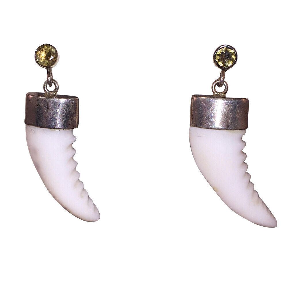 Sterling Smoky Quartz and Shell Carved Claw Earrings