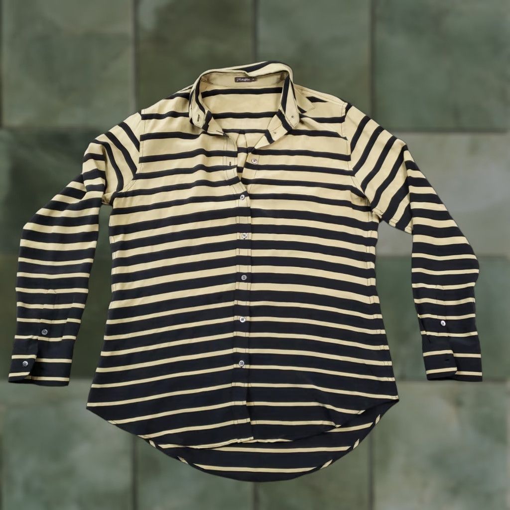 J.McLaughlin J McLaughlin Shirt Womens Medium Long Sleeve Black Tan Stripe Silk Button Front Size M / US 6-8 / IT 42-44 - 1 Thumbnail