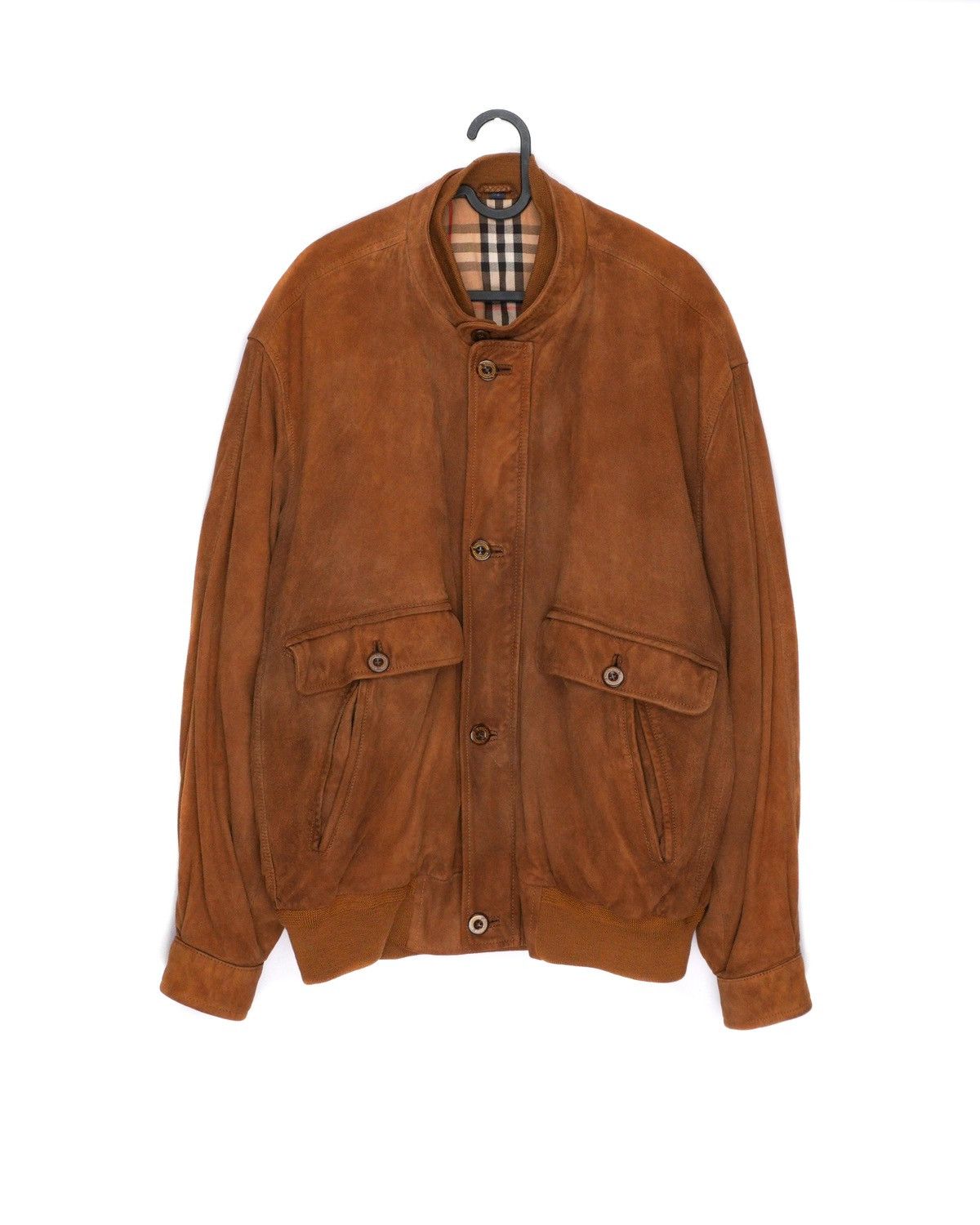 image of Burberry London Classic Nova Check Suede Leather Jacket in Brown, Men's (Size Large)