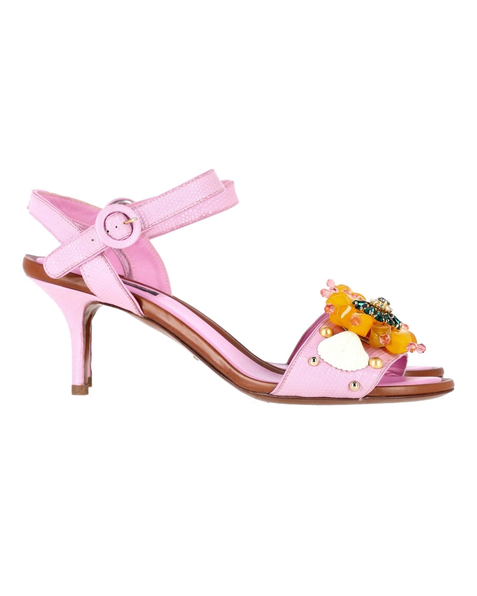 image of Dolce Gabbana Embellished Low-Heel Shoes Pink Leather Sandals For Women (Size 9)