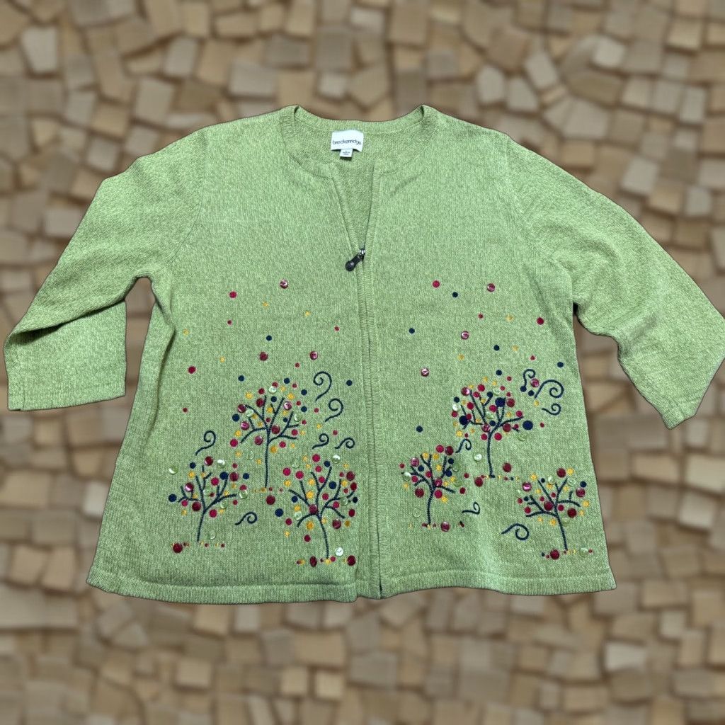 Pinko Breckenridge Sweater Cardigan Womens Large Green Floral Full Zip Buttons Size L / US 10 / IT 46 - 1 Thumbnail