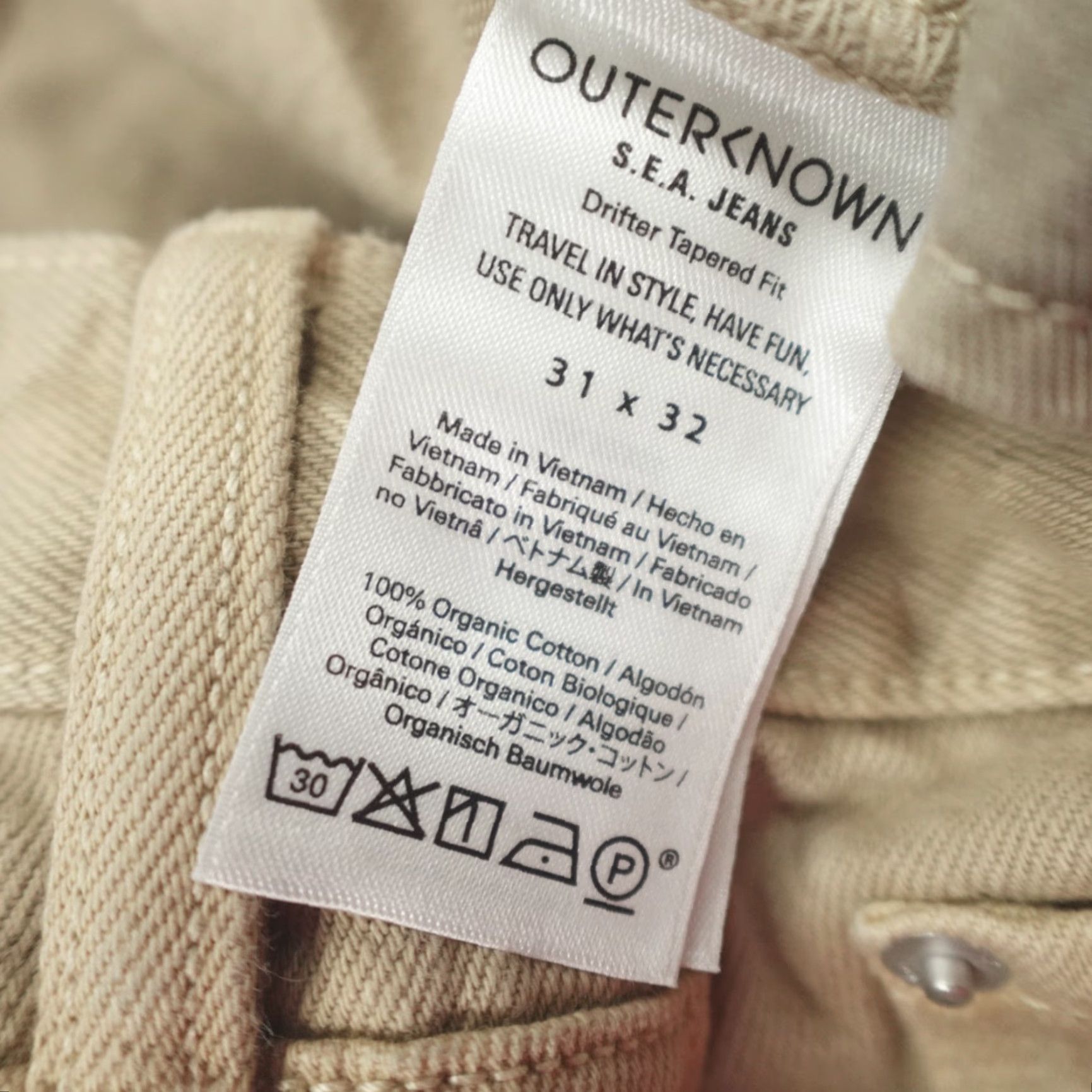Outerknown Outerknown Sea Jeans Drifter Tapered Fit 31x32 Denim Khaki Organic Cotton Jeans Regular Men 5-Pocket Button Logo Vintage No Size US 31 - 4 Thumbnail