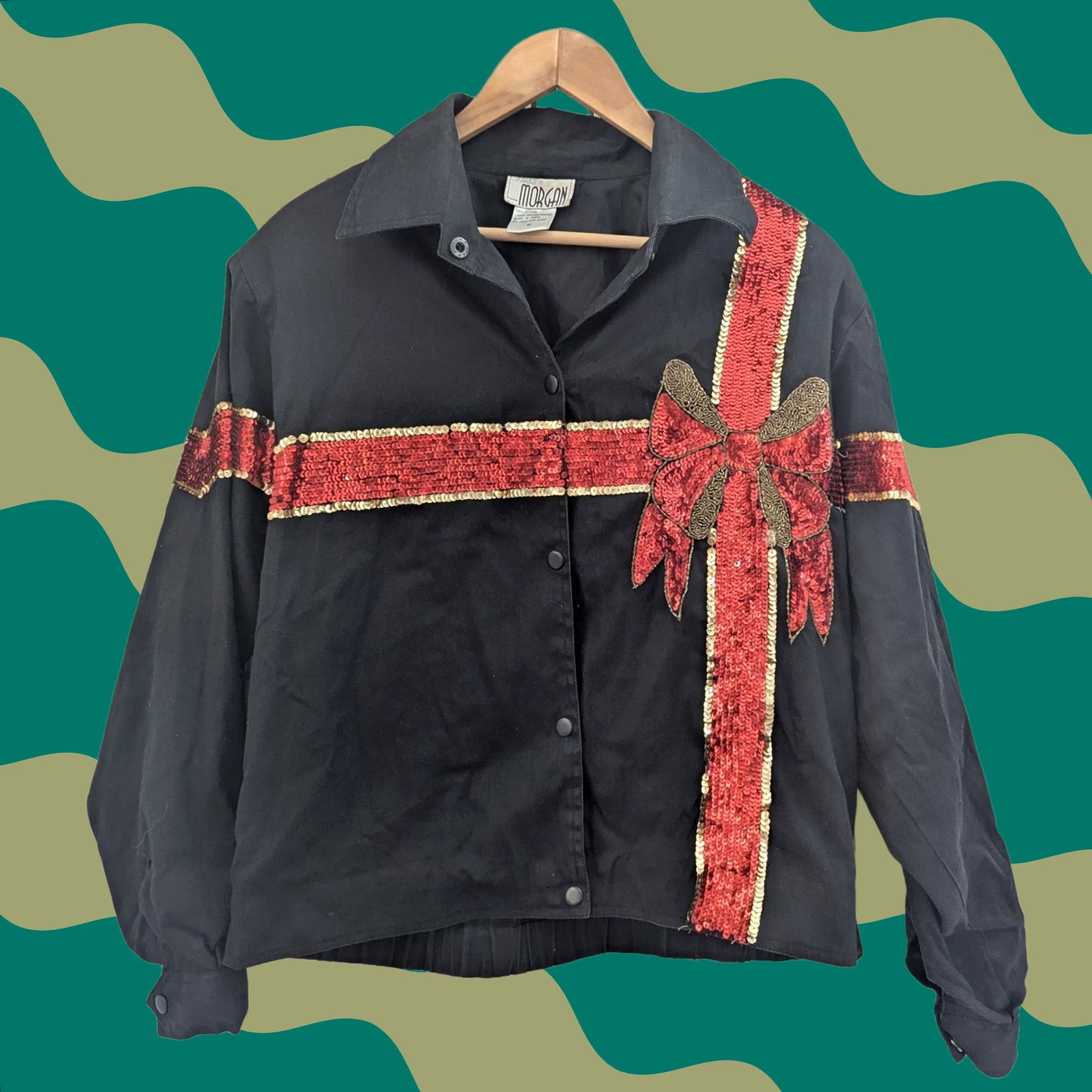 Vintage VINTAGE Miss Morgan Black Sequin Gift Bow Holiday Snap Up Shirt Jacket Womens Sz M Size M / US 6-8 / IT 42-44 - 1 Thumbnail