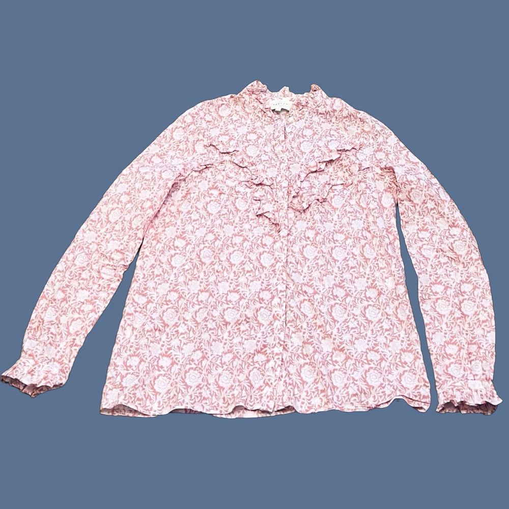 Pinko Sezane Blouse Pink White Floral Button Up Ruffle Long Sleeve 36 Women's Shirt Womens Blouse Floral Embroidery Colorful Size XS / US 0-2 / IT 36-38 - 1 Thumbnail