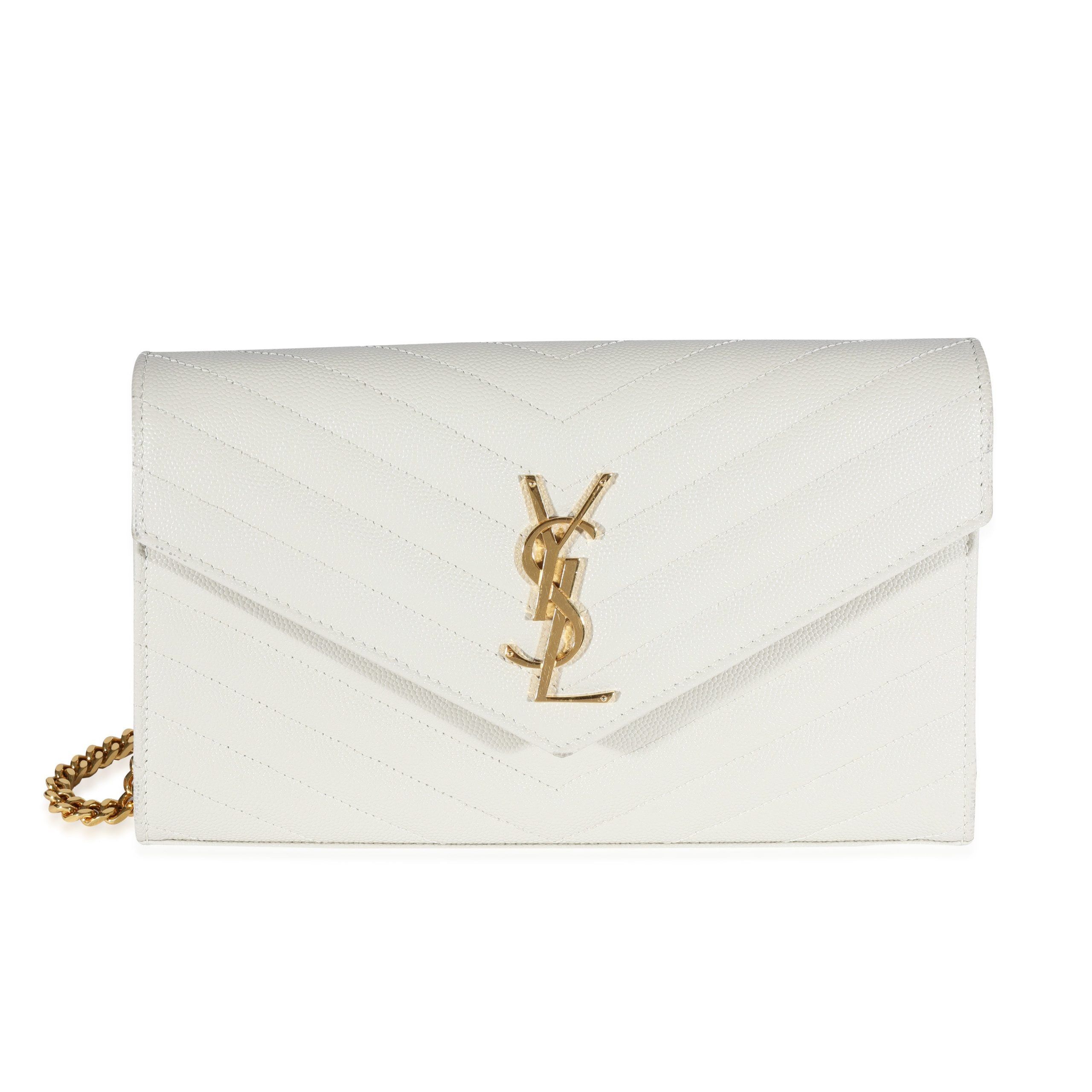 image of YVES Saint Laurent Blank Vintage Matelassé Grain De Poudre Chain Wallet in Blanc, Women's