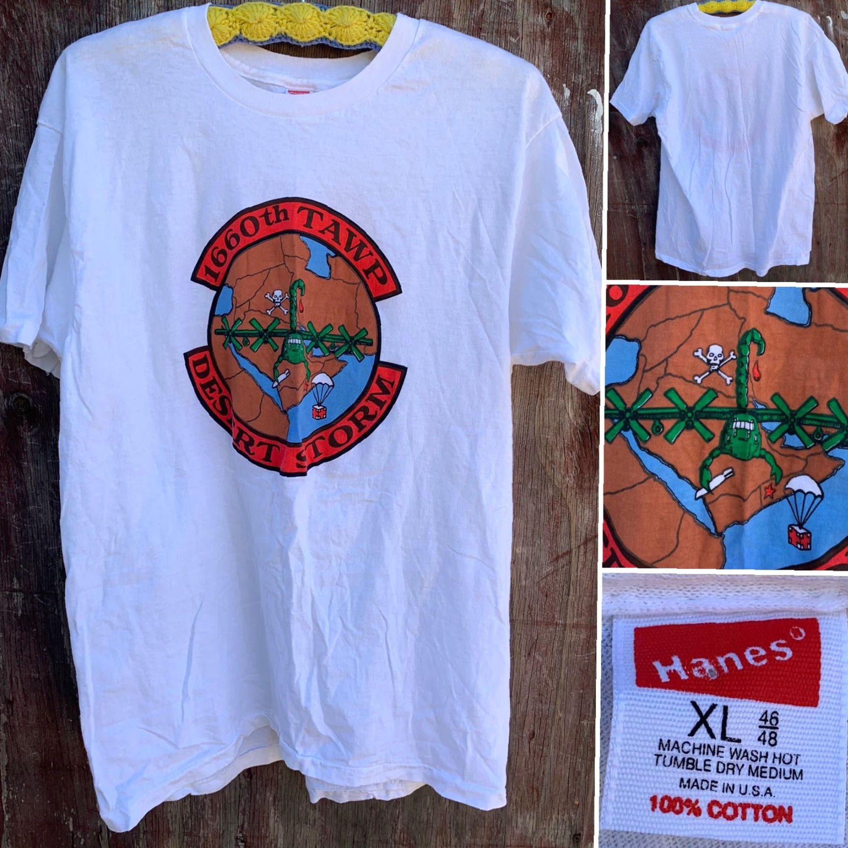Hanes VINTAGE Hanes Desert Storm T-Shirt XL Men White Cotton Short Sleeve 90s Military USA Graphic Print Solid | 1660th TAWP Size US XL / EU 56 / 4 - 4 Thumbnail