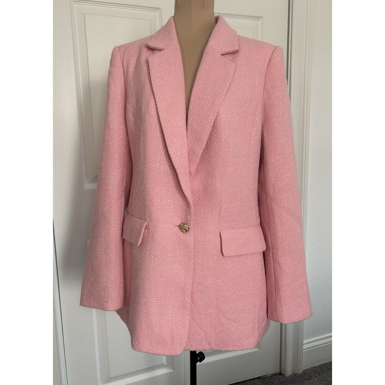 ENDLESS ROSE Womens Tweed Single Breasted Blazer Jacket Pink