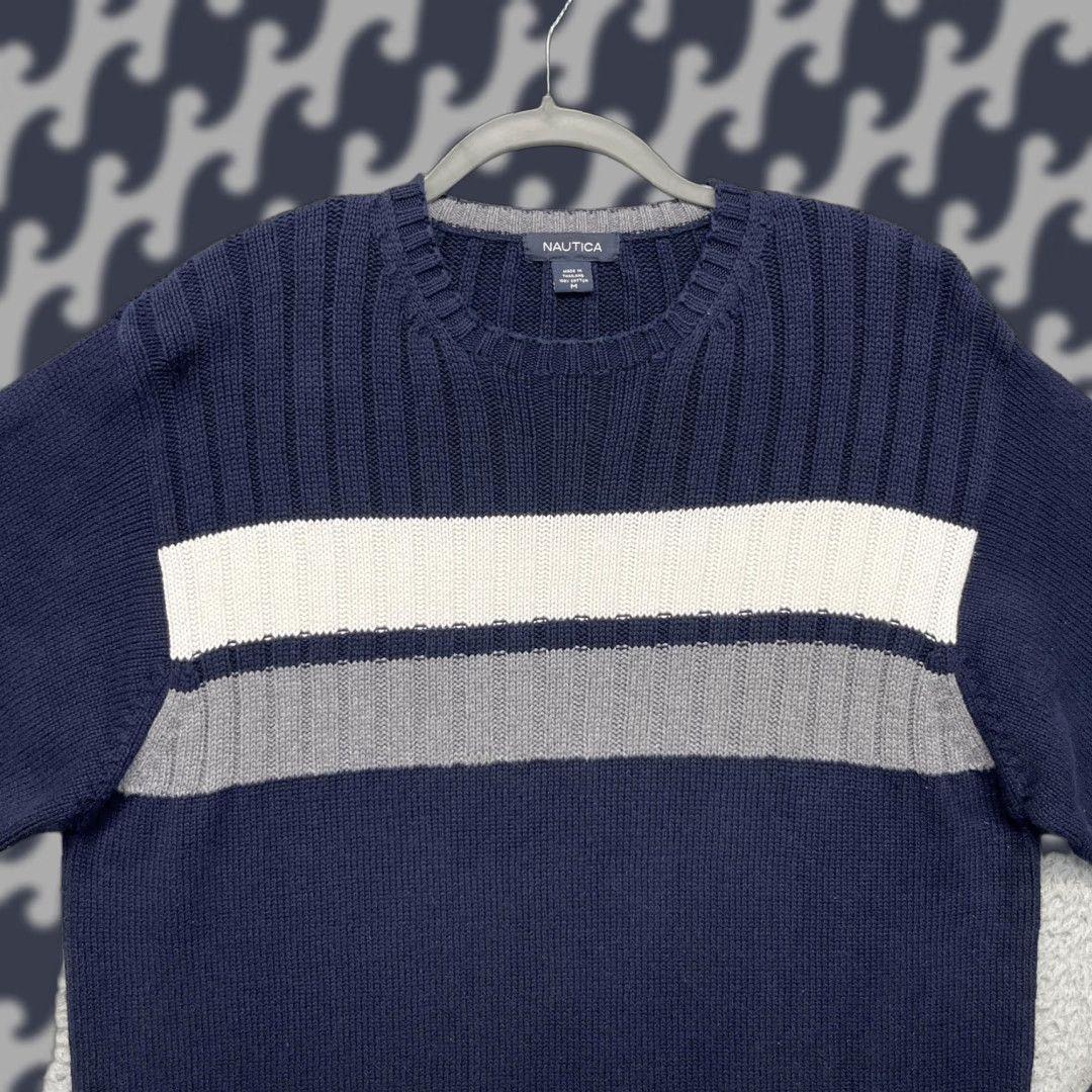 Nautica Nautica Sweater Mens M Blue White Gray Stripe Crewneck Cotton Pullover Size US M / EU 48-50 / 2 - 1 Thumbnail