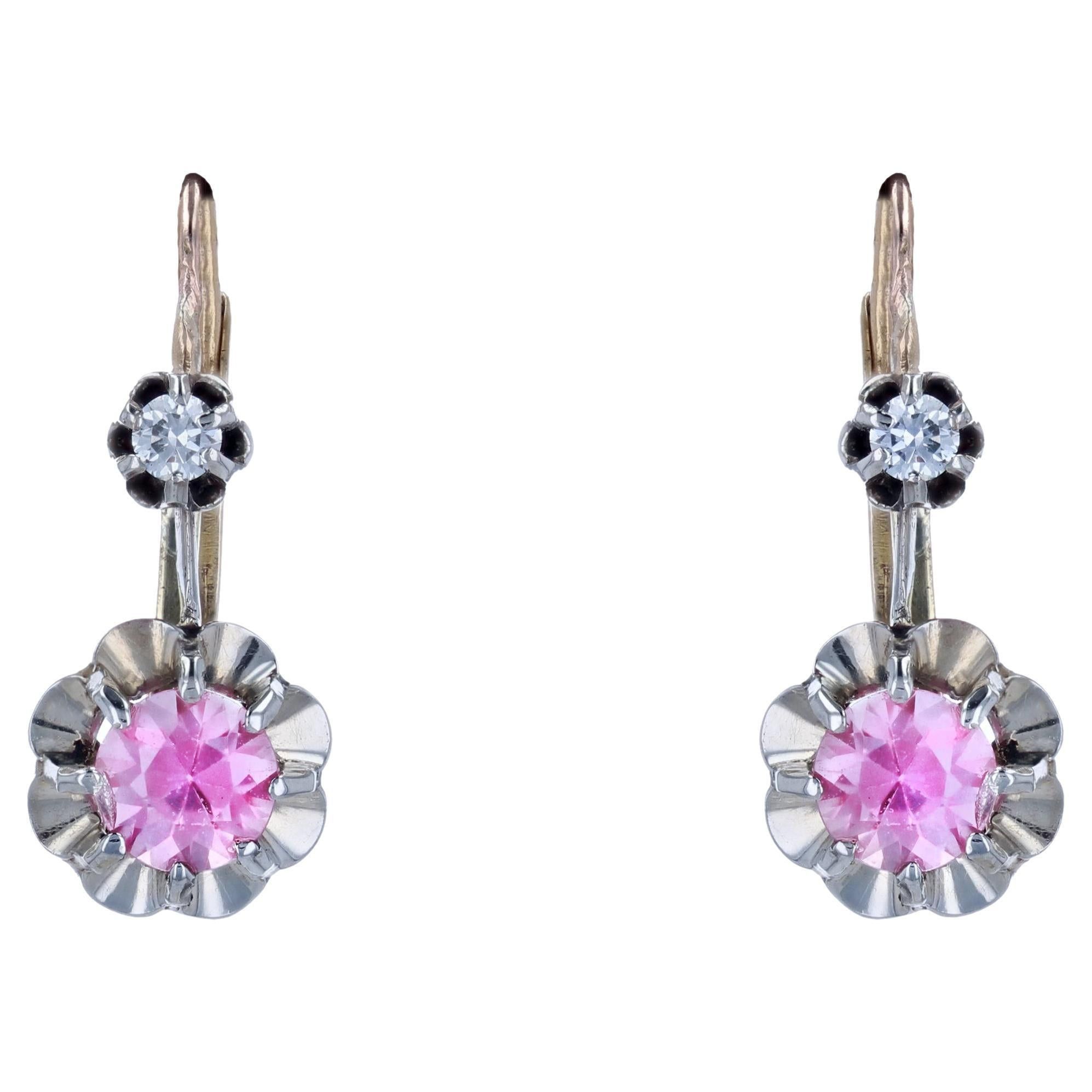 image of Vintage 20Th Century Pink Sapphire 18 Karat Yellow Gold Platinum Lever Back Earrings, Women's
