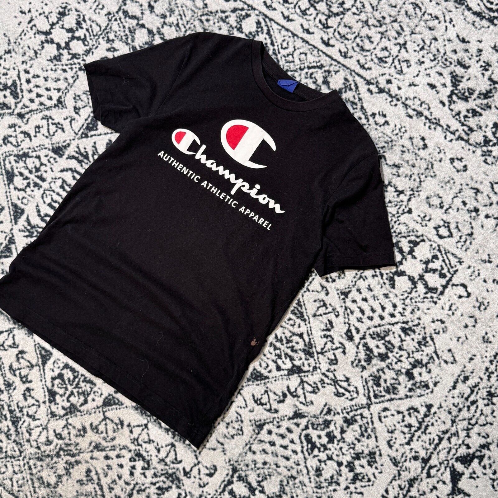 Champion × Vintage Vintage Black Cotton T-Shirt Size M Champion Spellout Logo Size US M / EU 48-50 / 2 - 2 Thumbnail