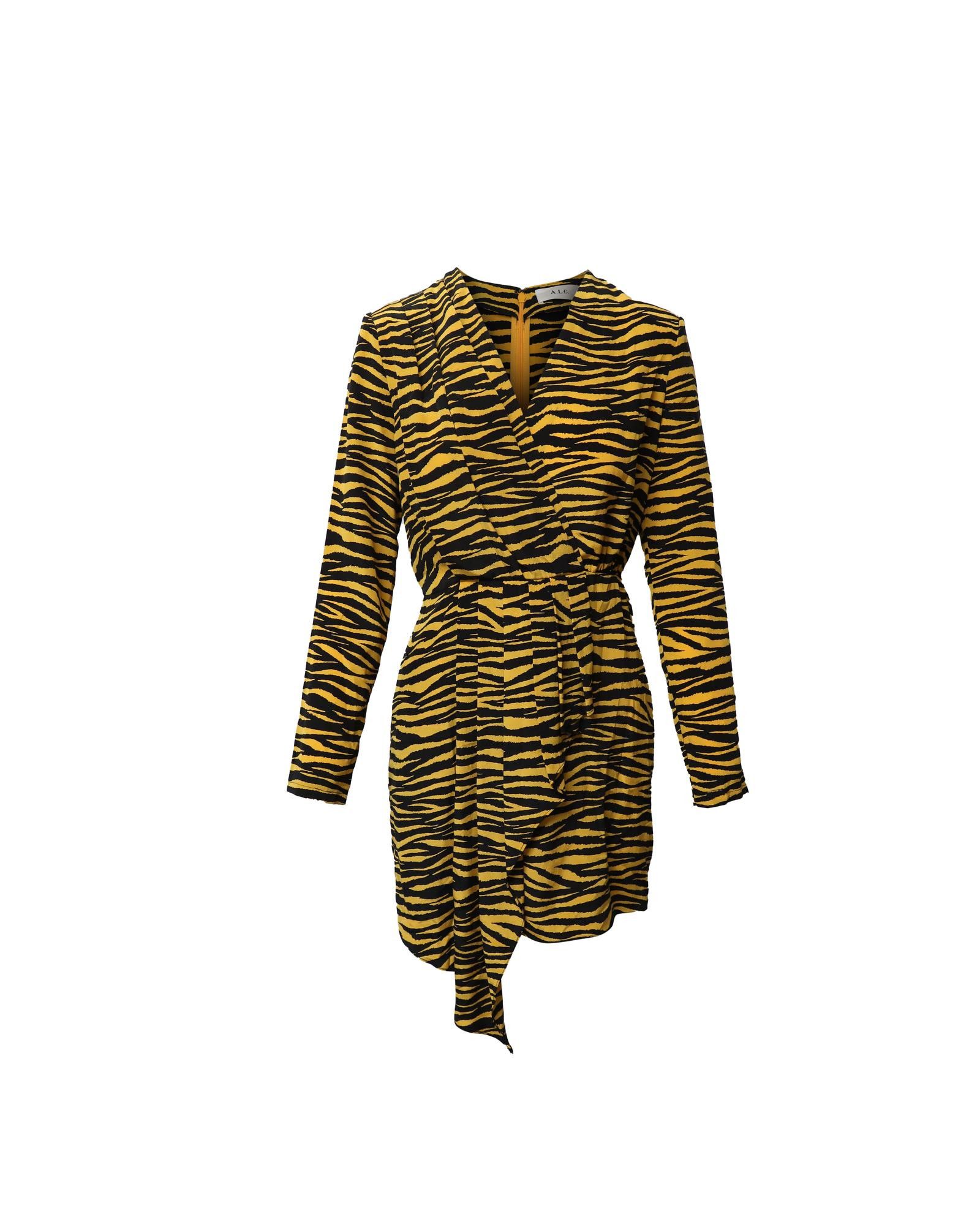 image of A L C Tiger Print Silk Dress With Surplice Neckline And Asymmetrical Hem, Women's (Size Medium)