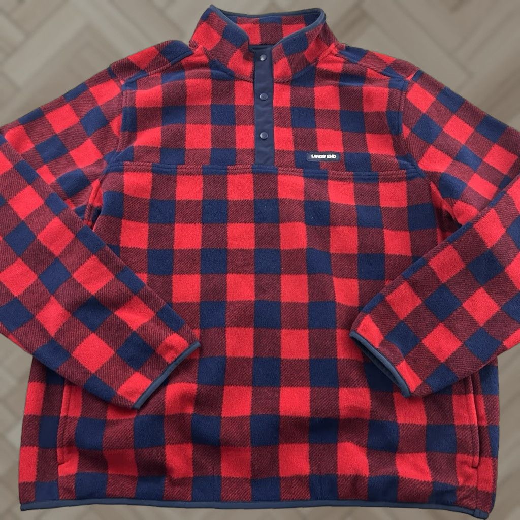 Lands' End Lands' End Plaid Fleece Jacket Snap Button Men XL Red Blue Size US XL / EU 56 / 4 - 1 Thumbnail