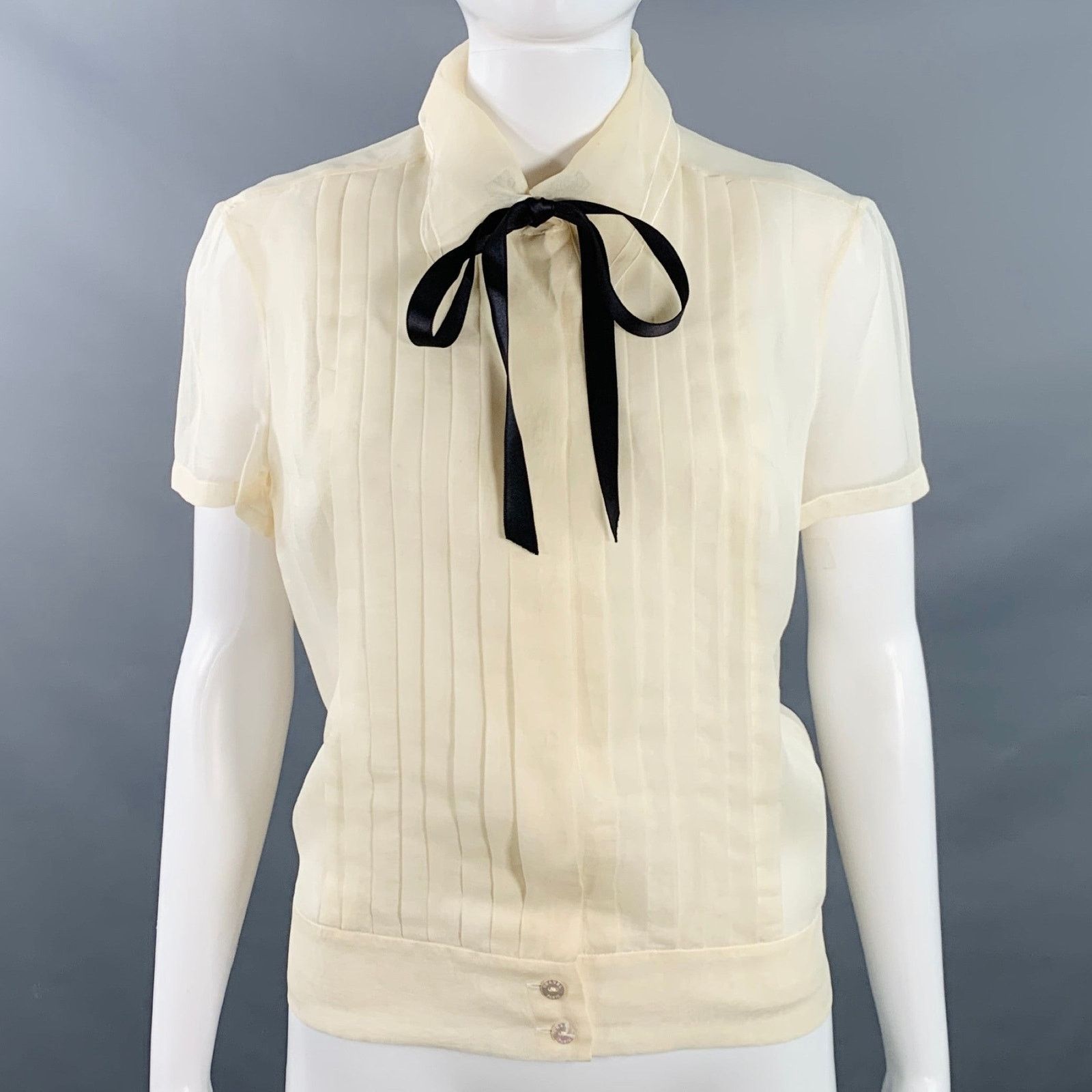 8 Cream Black Silk Sheer Pleated Short Sleeve Blouse