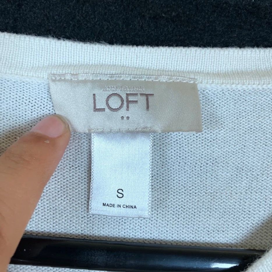 Loft LOFT Ann Taylor Womens Cardigan Sweater 100% Cotton White Navy Bow Button Front S Crew Neck Knit Lightweight Regular Long Sleeve Women Size S / US 4 / IT 40 - 6 Thumbnail