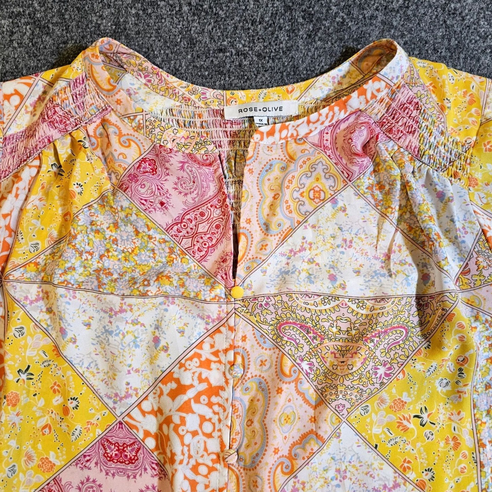 Vintage Rose & Olive Top Blouse Women 1X Pink Yellow Patchwork Floral Sheer V Neck 3/4 Sleeve Casual Shirt Ladies XS-Plus Size XL / US 12-14 / IT 48-50 - 2 Thumbnail