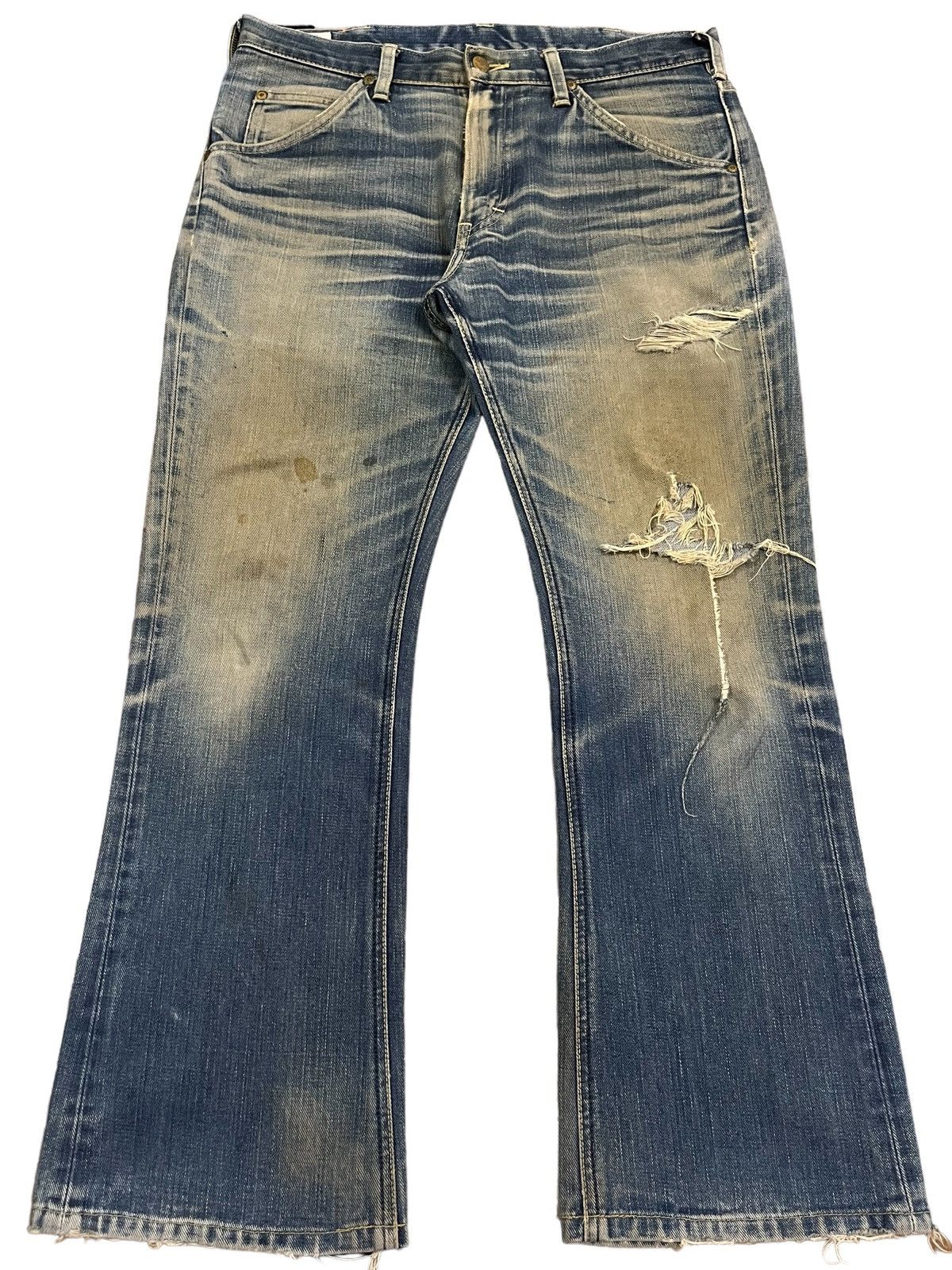 Lee Vintage Lee Denim Yellow Mud Washed Distressed Flare Jeans Size US 34 / EU 50 - 1 Thumbnail
