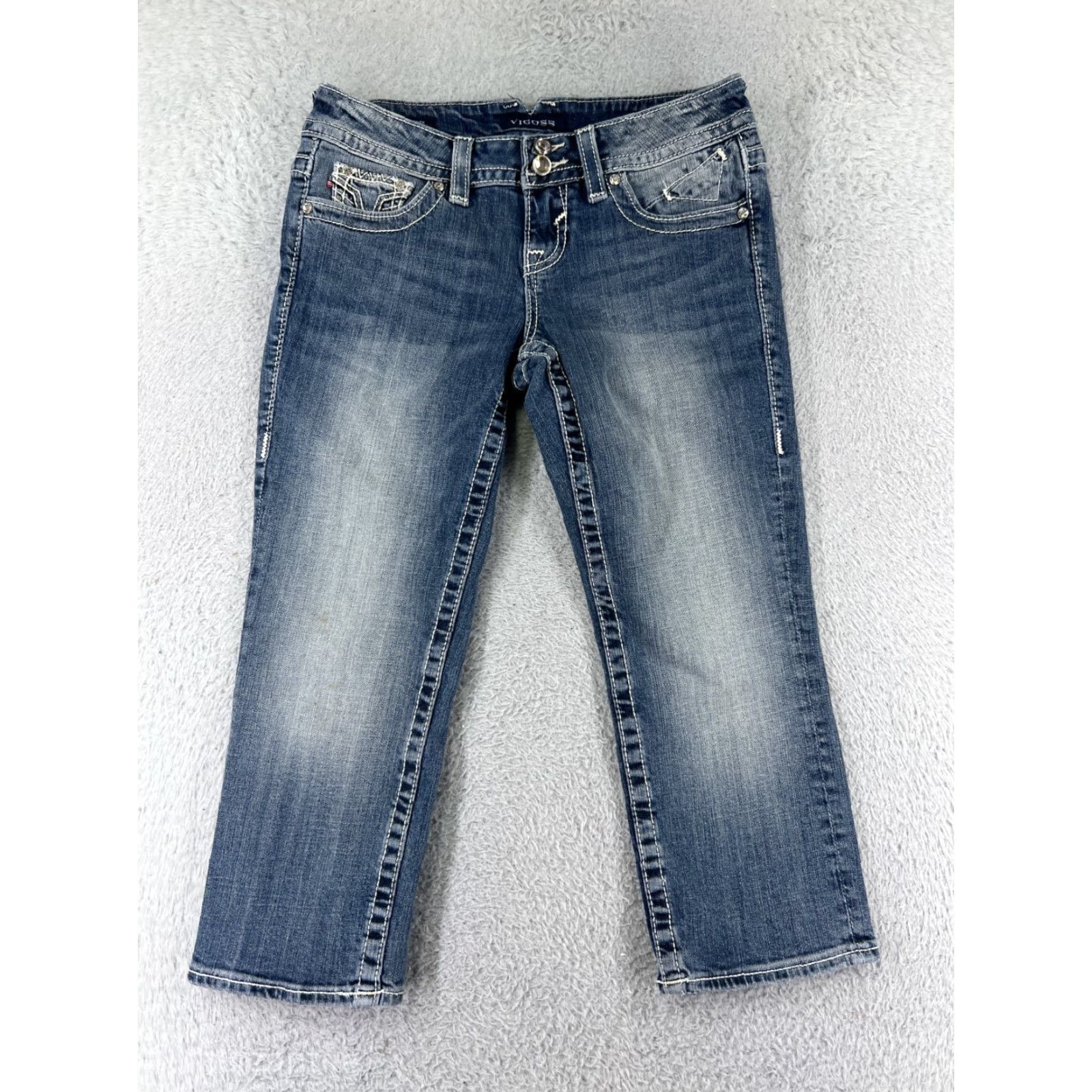 Vintage VIGOSS Womens Capri Pants 3 Blue Denim Low Rise Embroidered Rhinestone Stretch Casual Classic Size 26" / US 2 / IT 38 - 2 Thumbnail