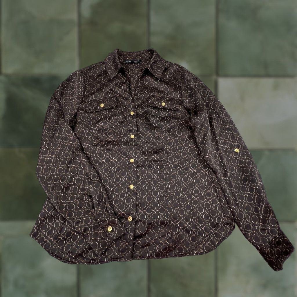 Jones New York Jones New York Womens Satin Top 6 Extra Large XL Brown Gold Chains Button Up Size M / US 6-8 / IT 42-44 - 1 Thumbnail