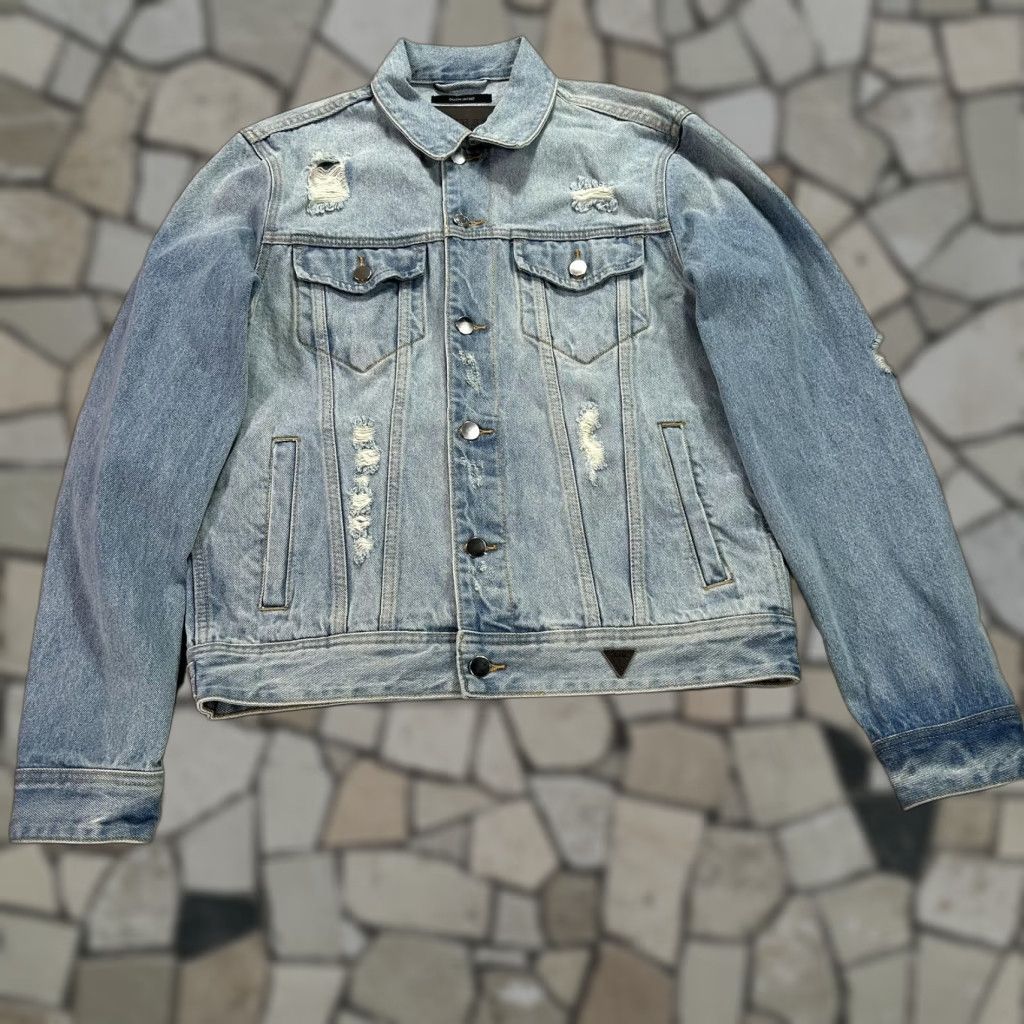 Guess Dillon Denim Jacket Mens Medium Blue Distressed Button Logo Jean