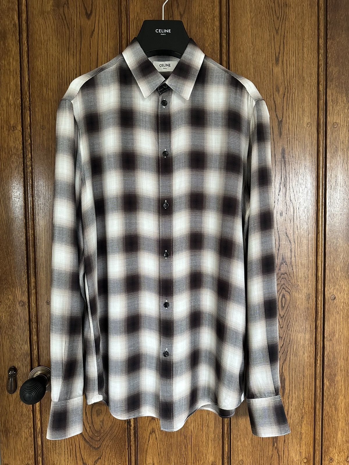 image of Ss19 Celine Flannel Viscose Hedi Checked Slim Shirt Grail in Brown/White, Men's (Size Medium)