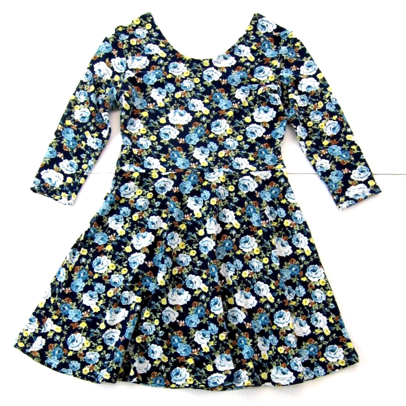 Vintage Tomsware Jersey Stretch Blue Yellow Floral 3/4 Sleeve Empire Waist Dress Large Size L / US 10 / IT 46 - 2 Thumbnail