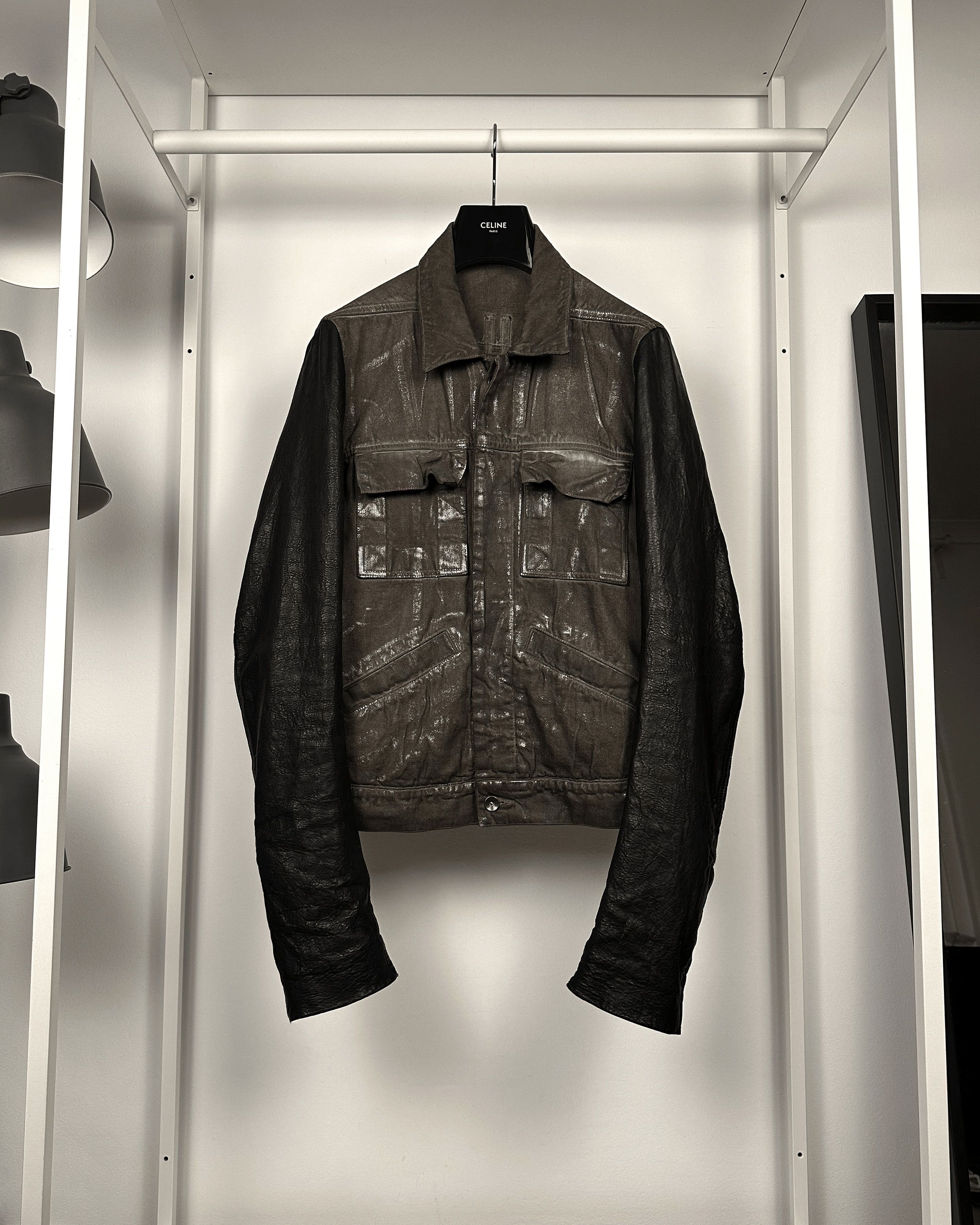 Pre-owned Archival Clothing X Rick Owens Waxed Worker Jacket With Leather Sleeves In Dust Grey