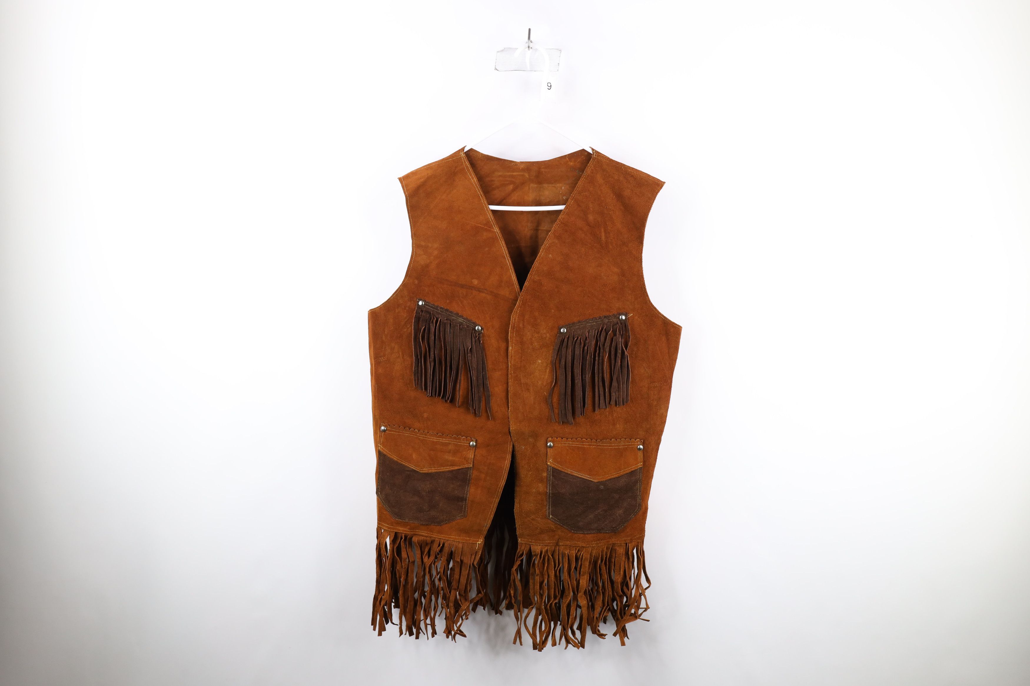 image of Vintage 60S 70's Streetwear Festival Leather Vest Jacket in Brown, Men's (Size XL)