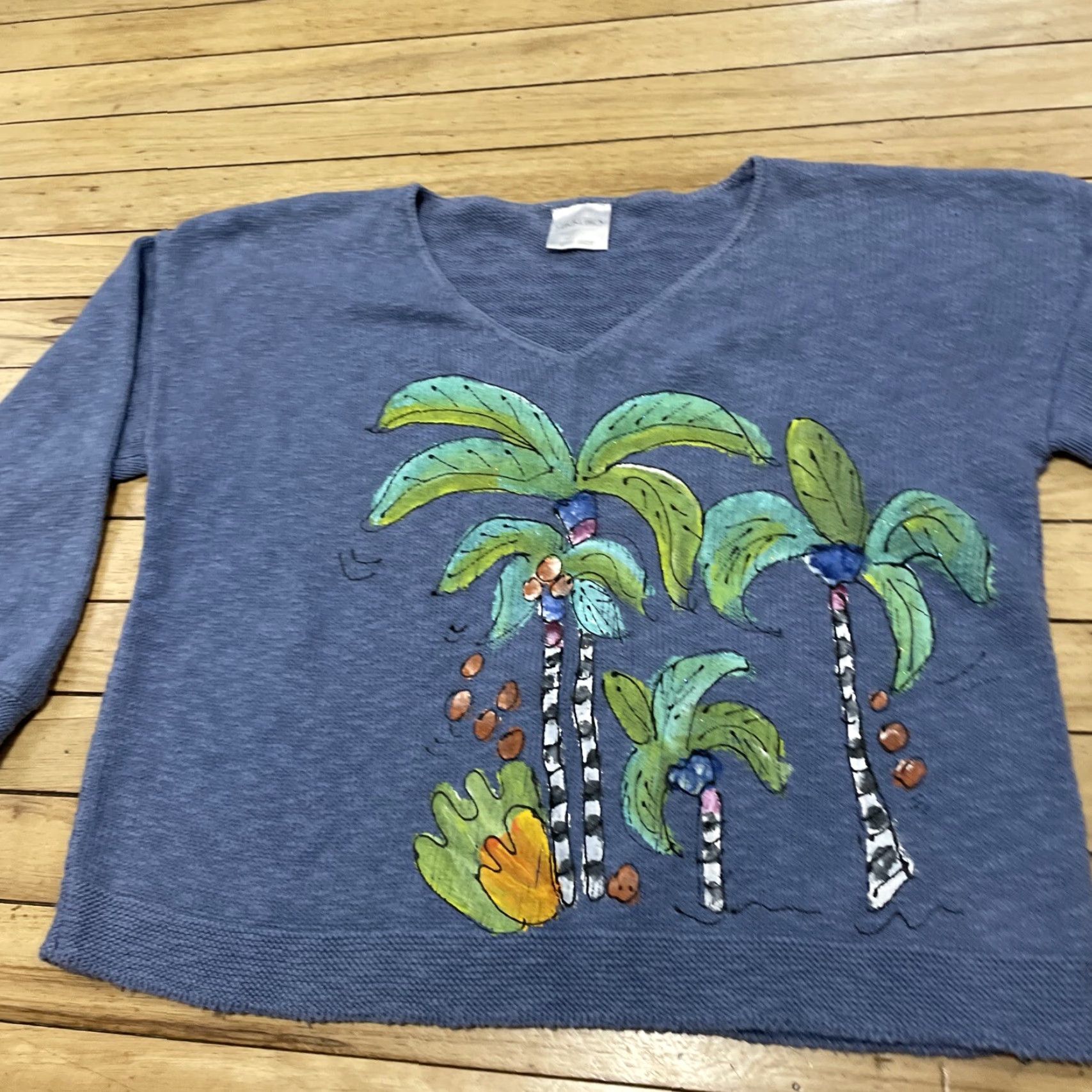 Vintage VINTAGE STICKCHICS Crop Knit Sweater Women One Size Made USA Hand Painted Palm Tree Isle Size ONE SIZE - 3 Thumbnail