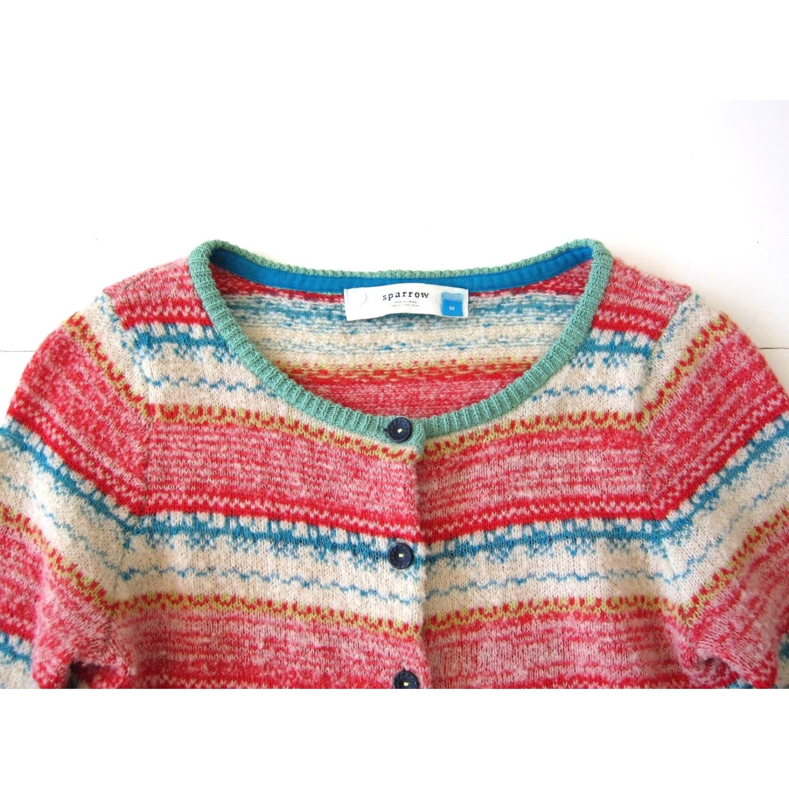 Arrow **Red Blue Green Stripe Wool Blend Cardigan Sweater Medium** User: **Red Blue Green Stripe Cardigan Sweater Medium** Wool Blend Size M / US 6-8 / IT 42-44 - 4 Thumbnail