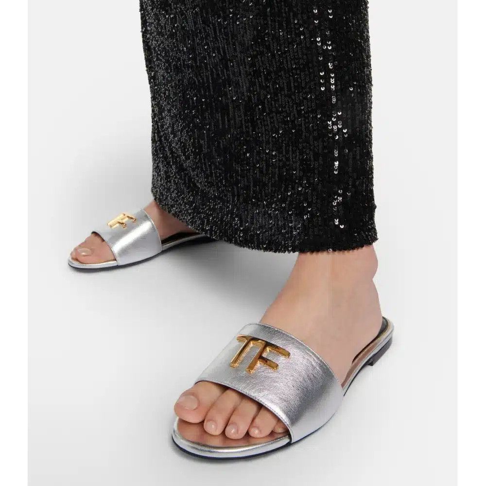 Tom Ford o1loc1c0125 W3216 Flat TF Logo Plaque Slides in Silver Size US 7.5 / IT 37.5 - 2 Thumbnail