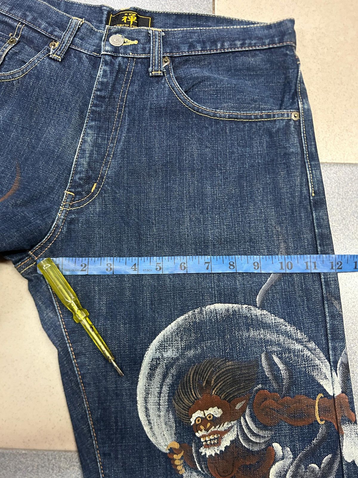 Japanese Brand Vintage Japanese Hand-Painted Fujin Raijin Zen Kyoto Jeans Size US 32 / EU 48 - 14 Thumbnail