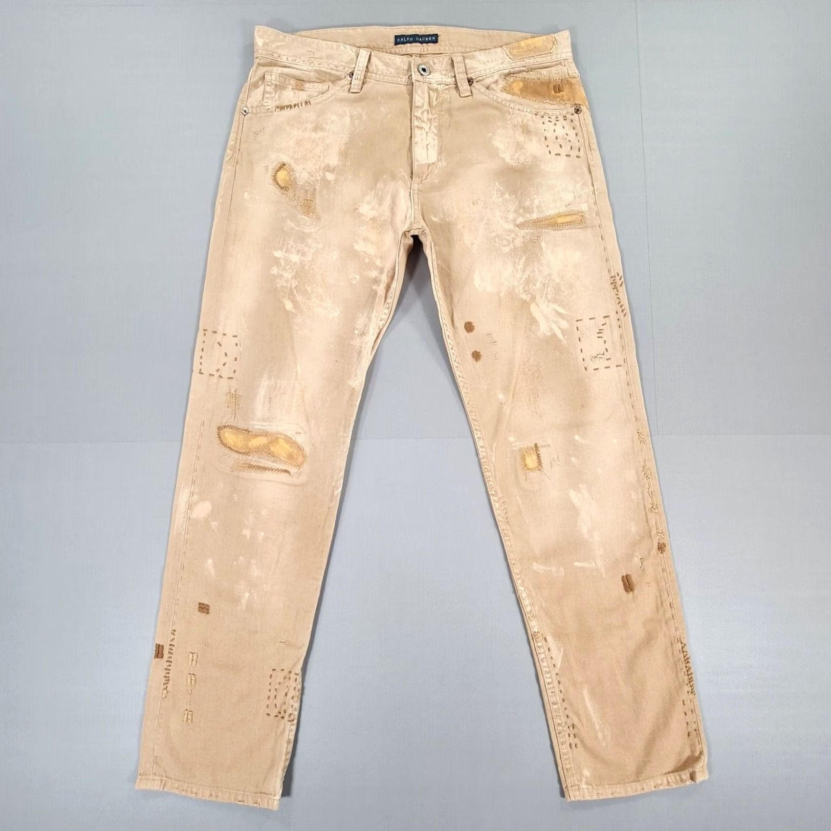 Levi's Ralph Lauren Jeans Beige W32 L29 Distressed Patchwork Western Rare Denim 5-Pocket Zip Fly Womens Jeans Size 24" / US 00 / IT 34 - 2 Thumbnail