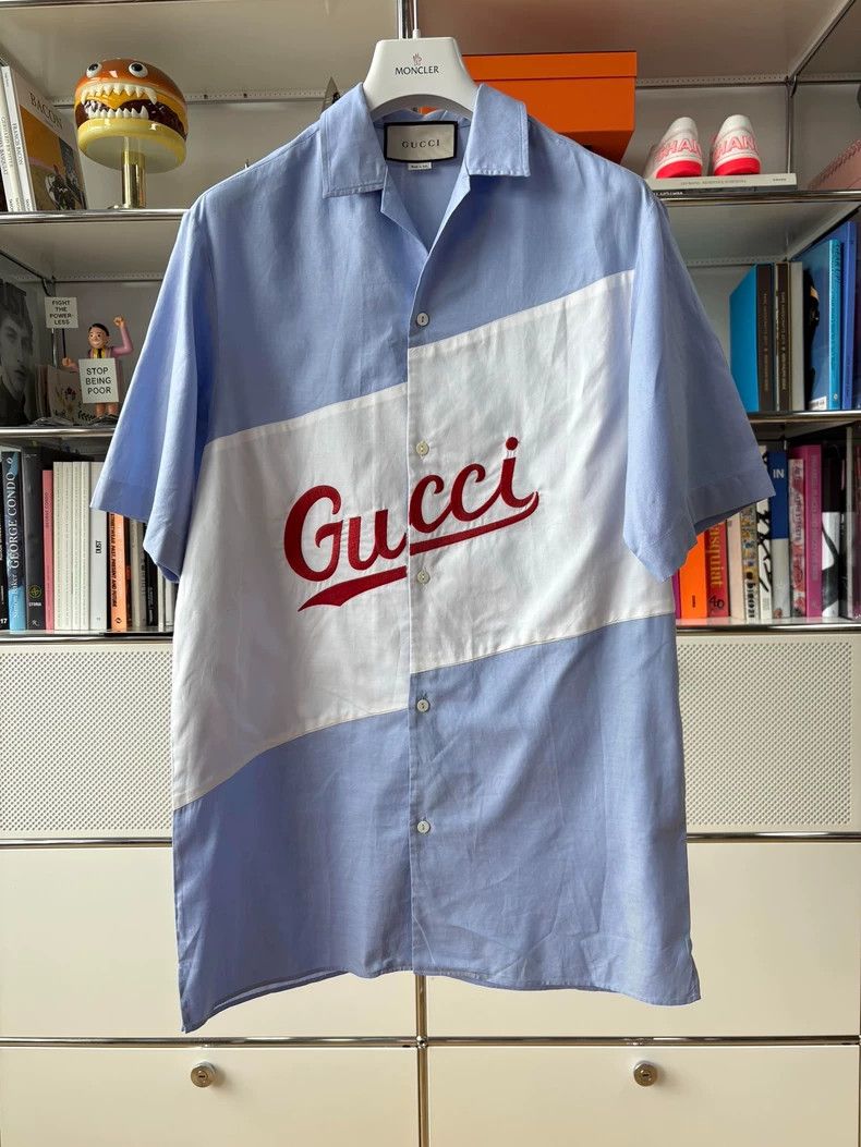 Gucci Gucci Red Logo Blue White Bowling Shirt - dmc Size M / US 6-8 / IT 42-44 - 1 Thumbnail