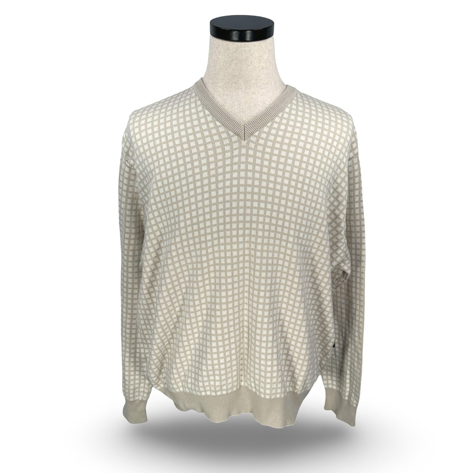 Hugo Boss Hugo Boss Golf Sweater Men’s XL Beige White Grid Knit V-Neck Size US XL / EU 56 / 4 - 1 Thumbnail
