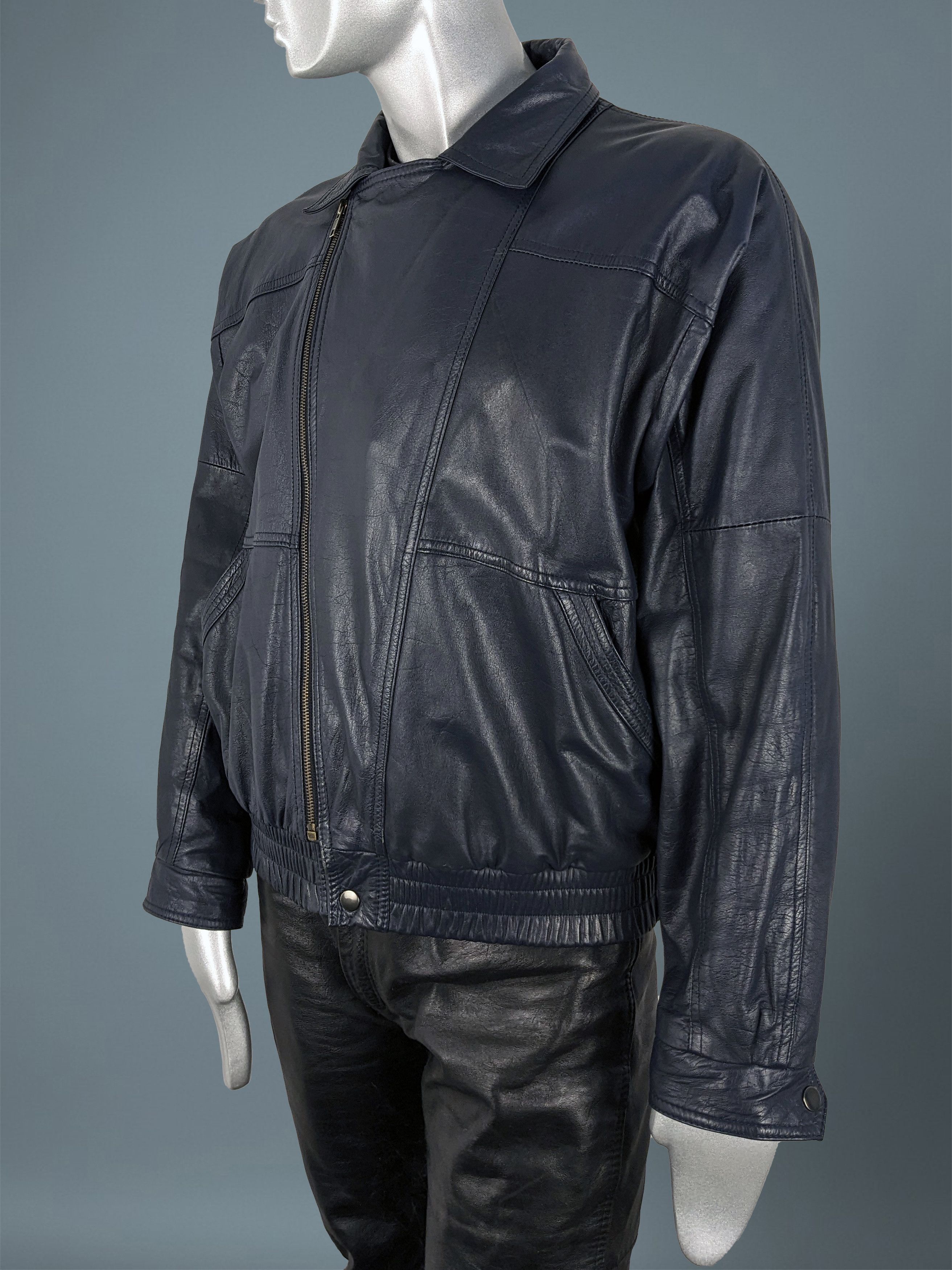 Vintage Vintage 90s Dark Blue Goatskin Leather Biker Bomber Jacket Size US M / EU 48-50 / 2 - 5 Thumbnail