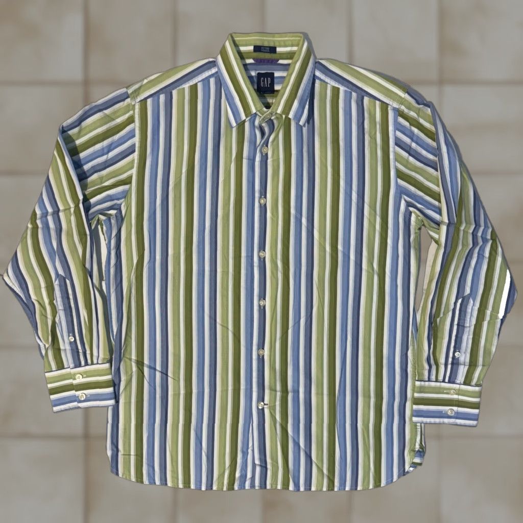 Gap GAP Button-Up Shirt Green & Blue Striped Long Sleeve L Men Regular Collared Knit Cotton Logo Embroidered Vintage No Size 42R - 1 Thumbnail
