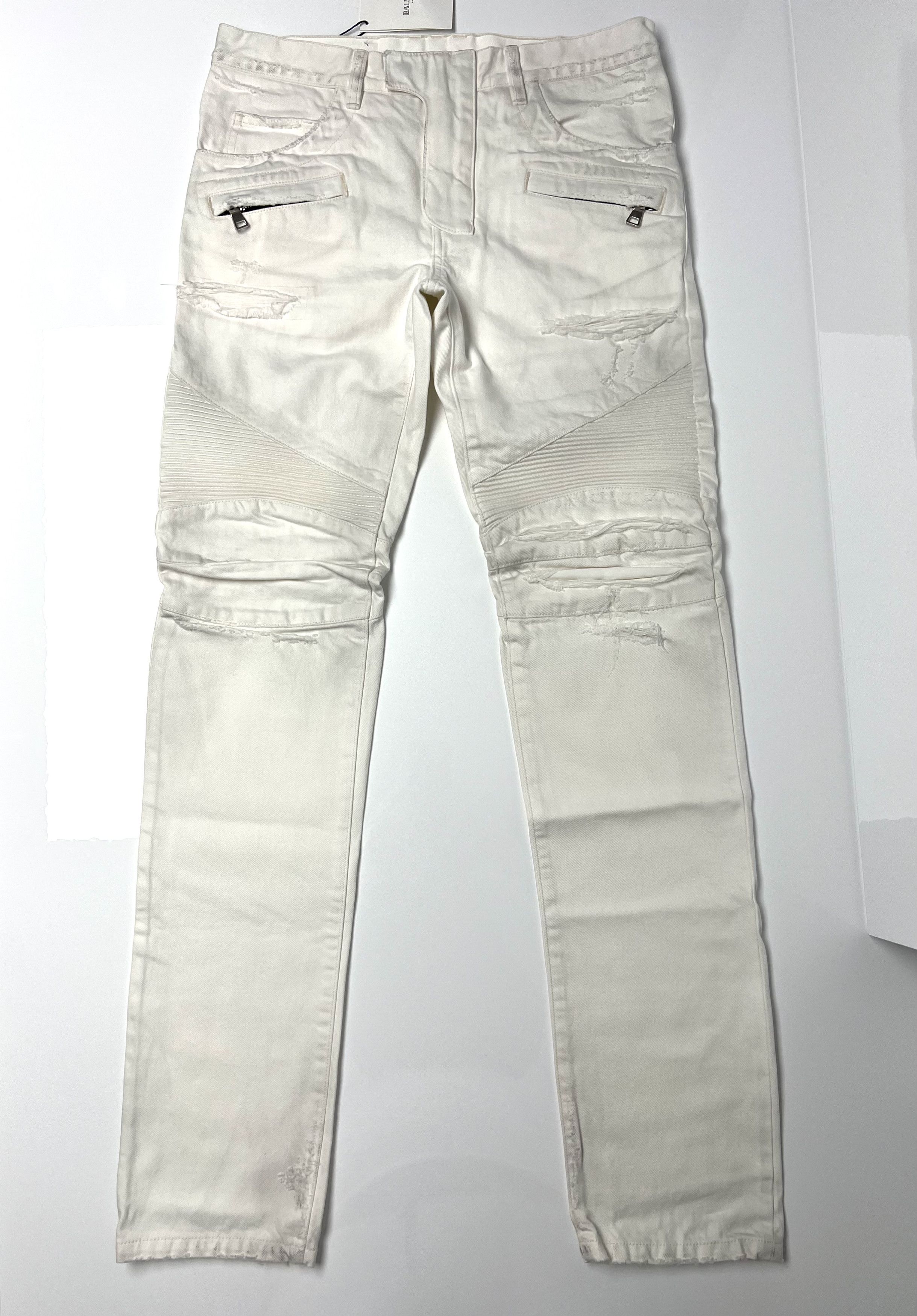 image of Nwt, Balmain Paris Ss15 White Distressed Denim Biker Jeans, Men's (Size 31)