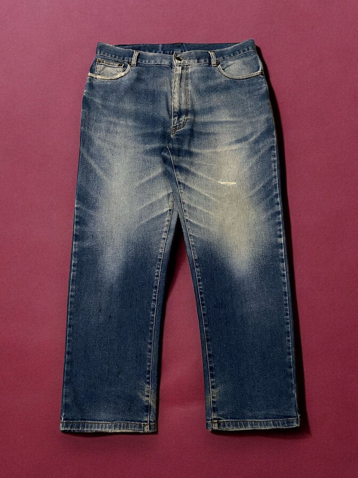 image of Denim Co Vintage Osj Blue Men Ripped Straight Denim Jeans (Size 37)
