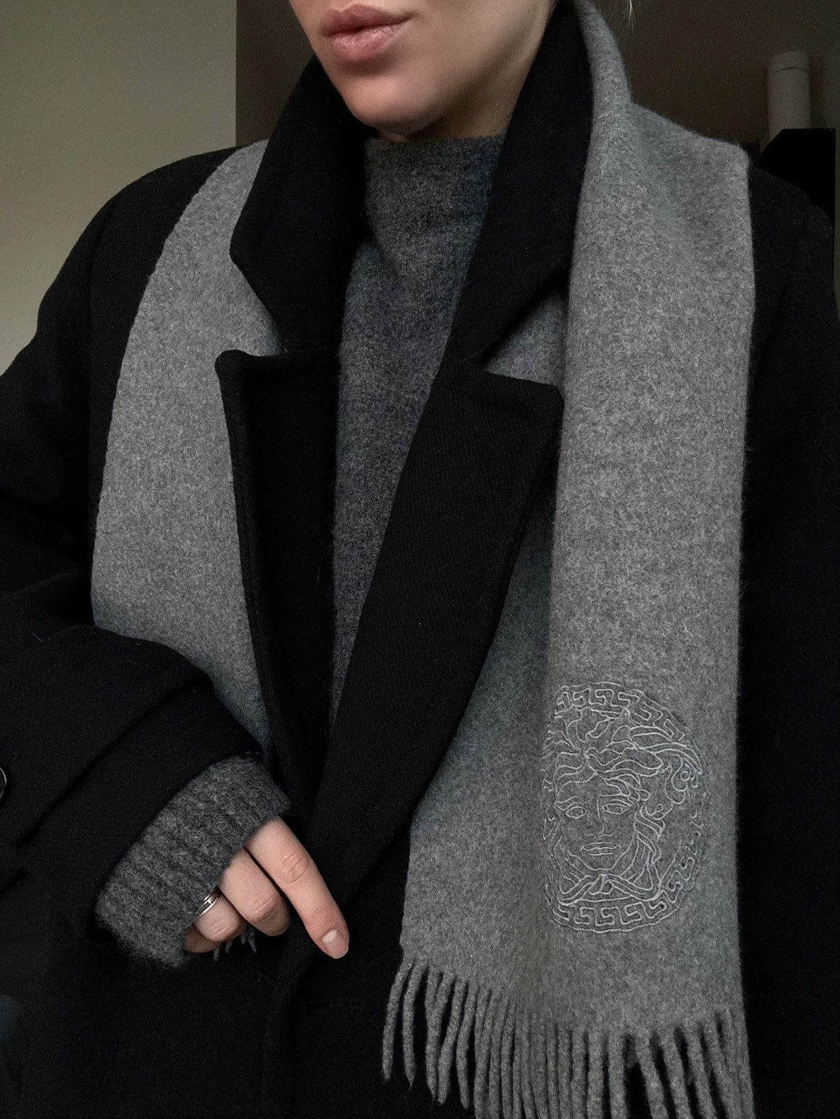 Versace Versace Medusa Embroidered Wool Gray Scarf Size ONE SIZE - 3 Thumbnail