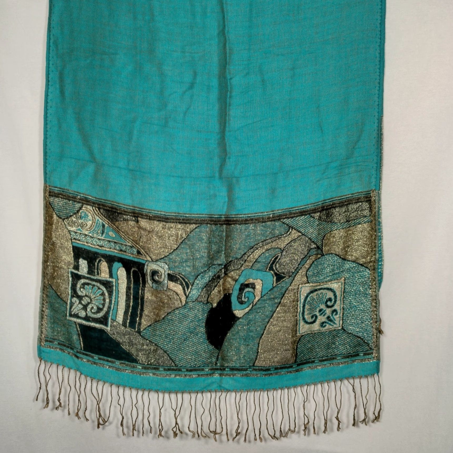 Vintage VINTAGE Cashmere Scarf Woven Turquoise Blue Black Metallic Gold Artsy Boho Wrap Fringe Unisex 75.5x27 Inches Size ONE SIZE - 5 Thumbnail