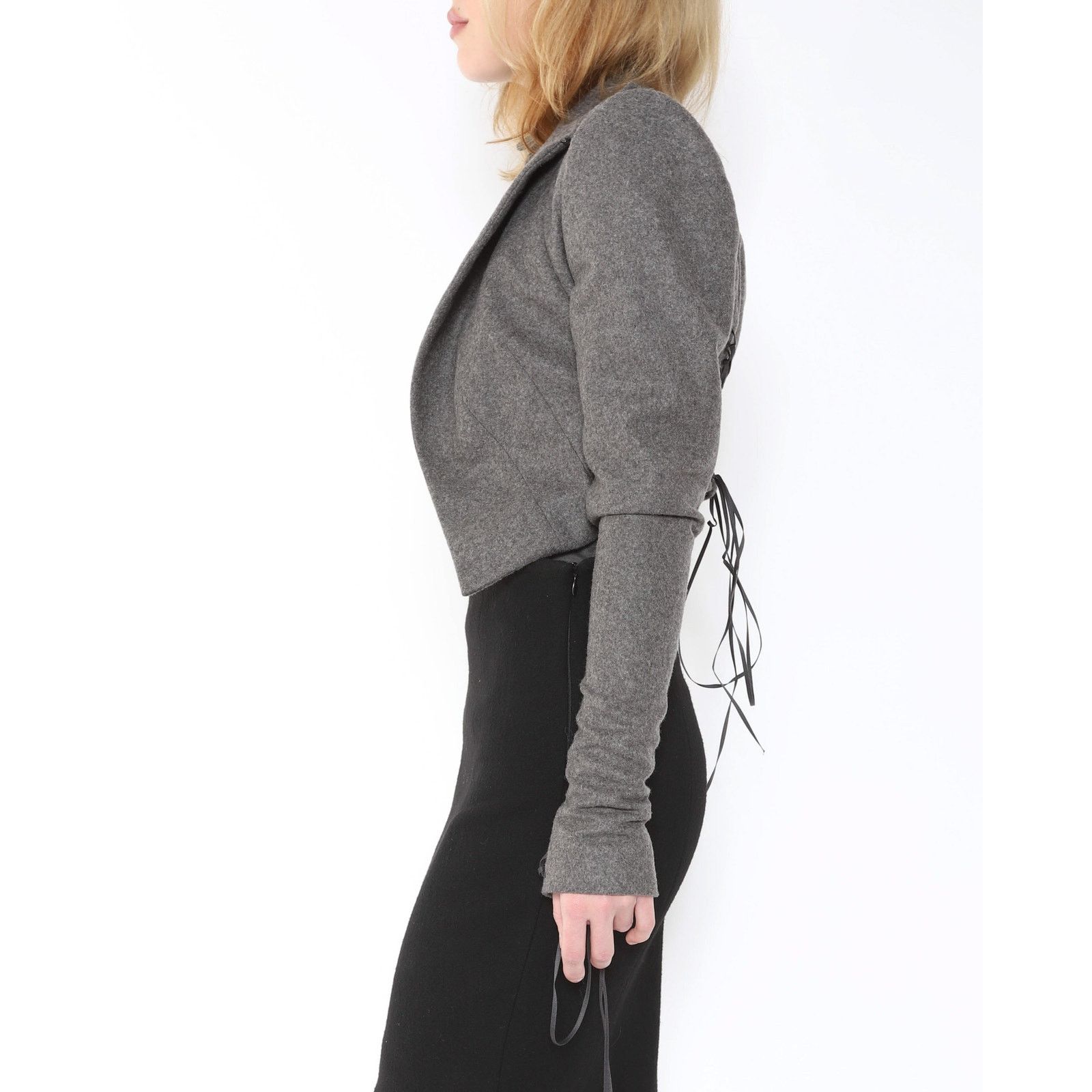 Haider Ackermann FW08 Cropped Jacket with Lacing Detail in Grey Wool Size XS / US 0-2 / IT 36-38 - 4 Thumbnail