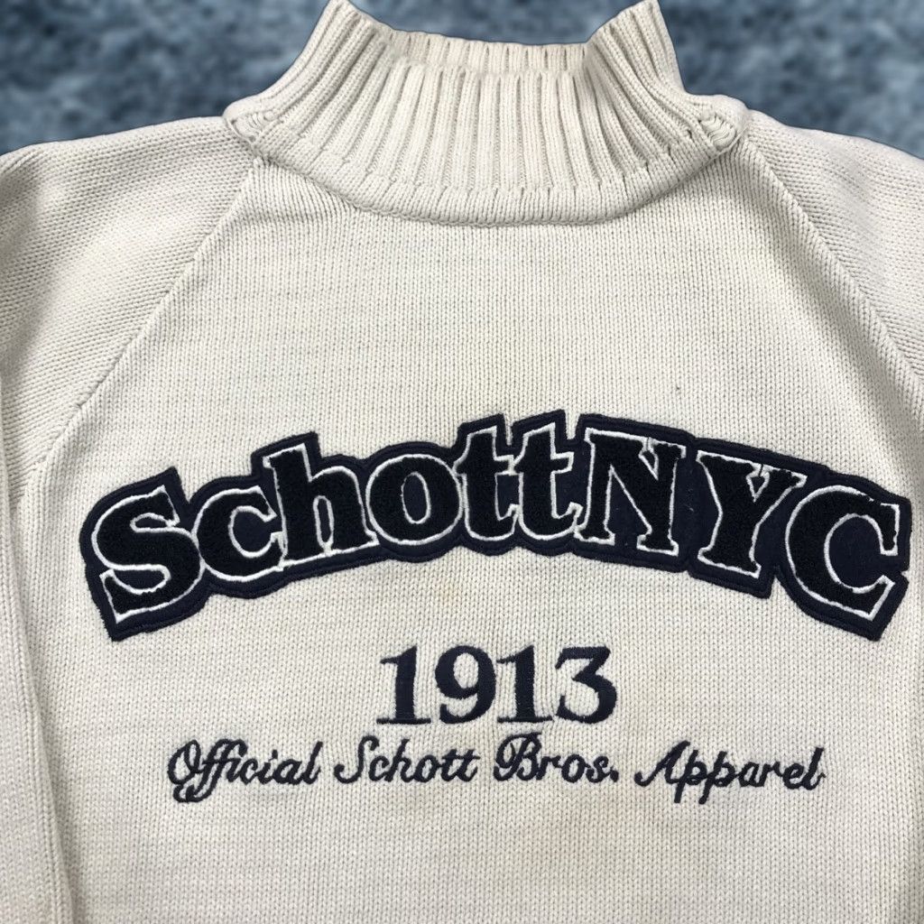 Schott VINTAGE Schott NYC Sweater Mens XL Beige Cream NYC Spell Out Mock Neck Cotton Knit Shirt Pullover Winter Fall Spring Mens Size US XL / EU 56 / 4 - 1 Thumbnail