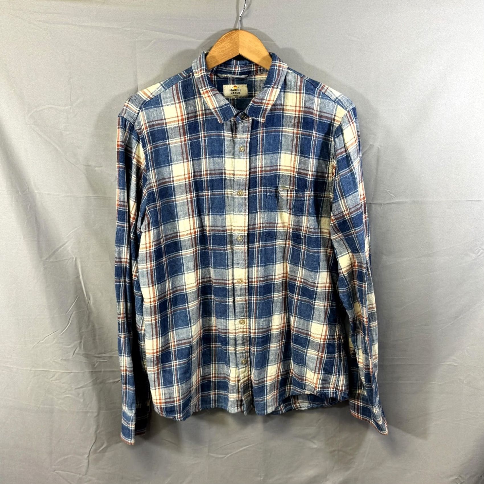 Marine Layer Marine Layer Shirt Mens Large Blue Plaid Button-Down Band Collar Long Sleeve Size US L / EU 52-54 / 3 - 2 Thumbnail