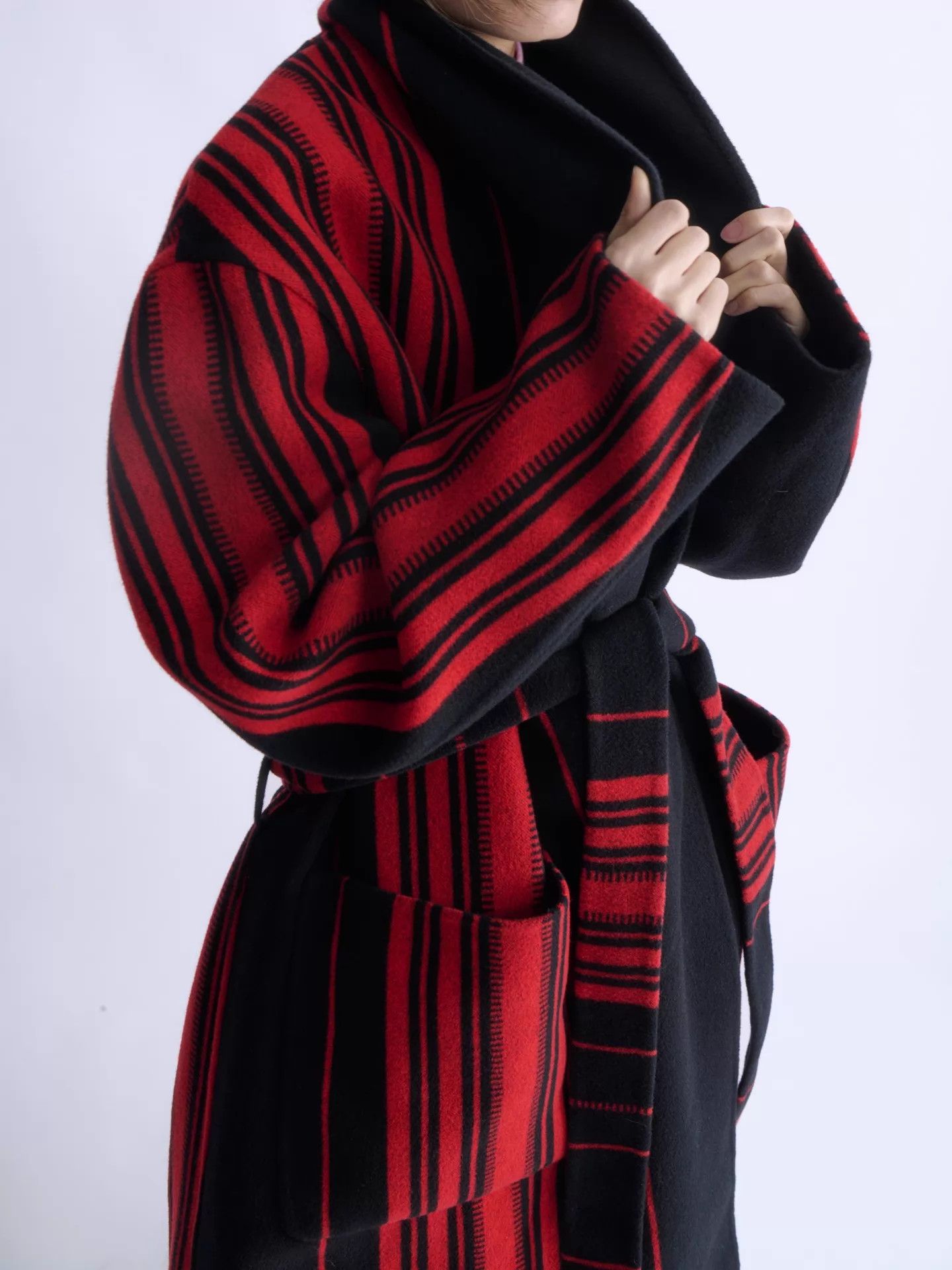 Loewe LOEWE Men’s Red Black Stripe Wool-Cashmere Belted Jacket Size US M / EU 48-50 / 2 - 5 Thumbnail