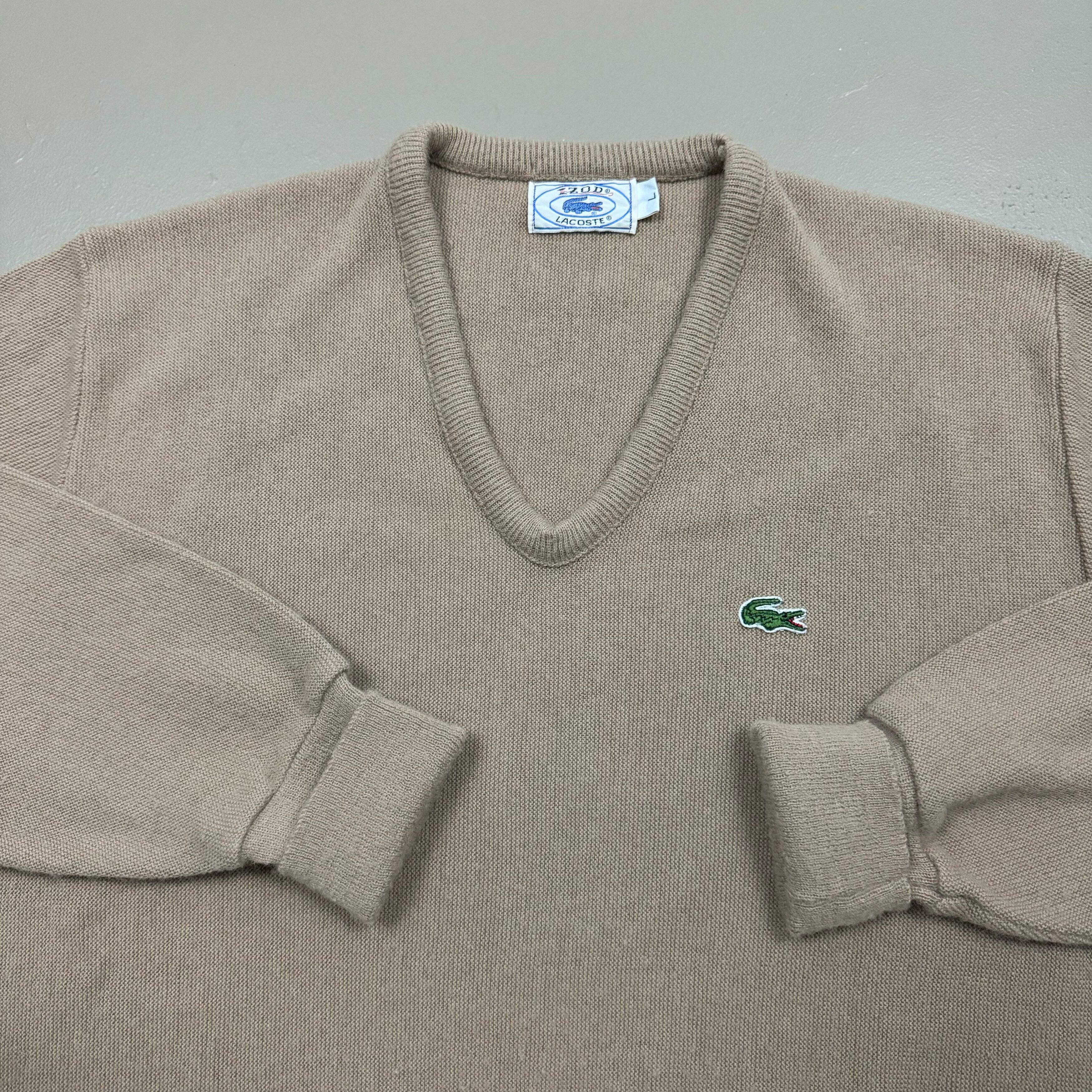 Vintage VTG 80s Lacoste Izod V Neck Acrylic Caramel Sweater Size US L / EU 52-54 / 3 - 2 Preview