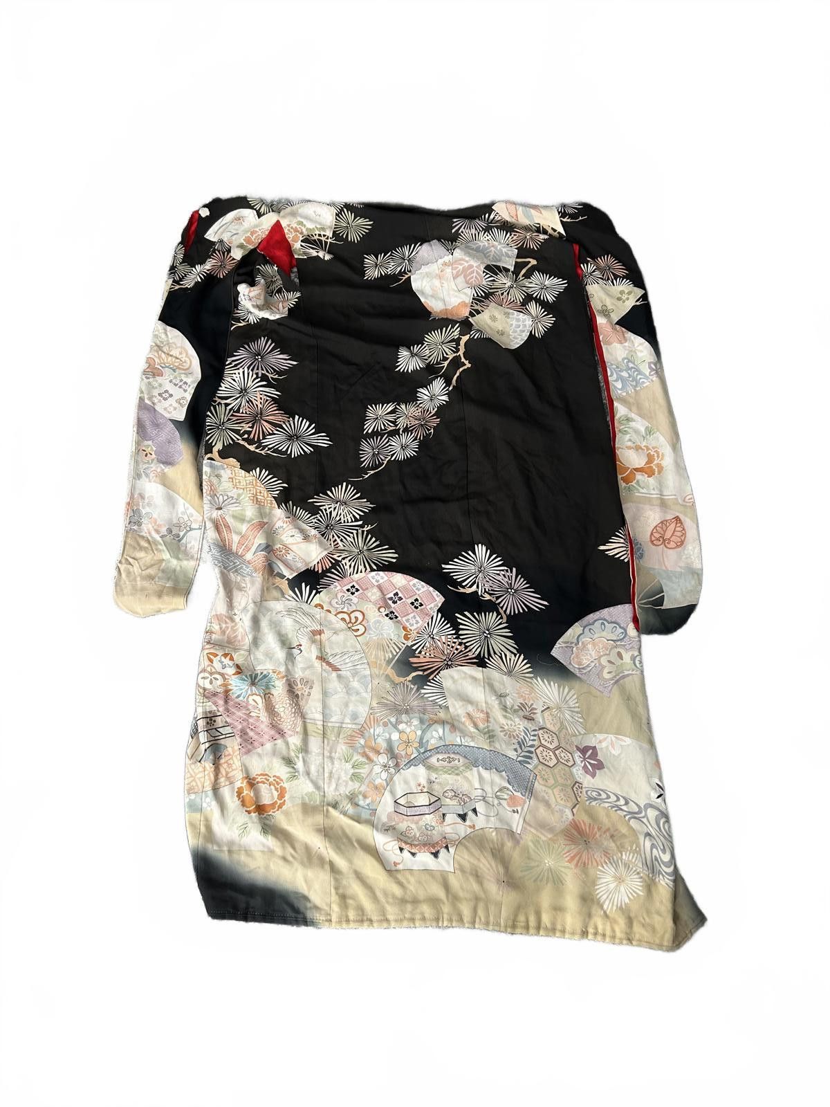 Unknown London Vintage 80s Silk Kimono w/ Fan & Floral Motifs + Red Lining Size ONE SIZE - 5 Thumbnail