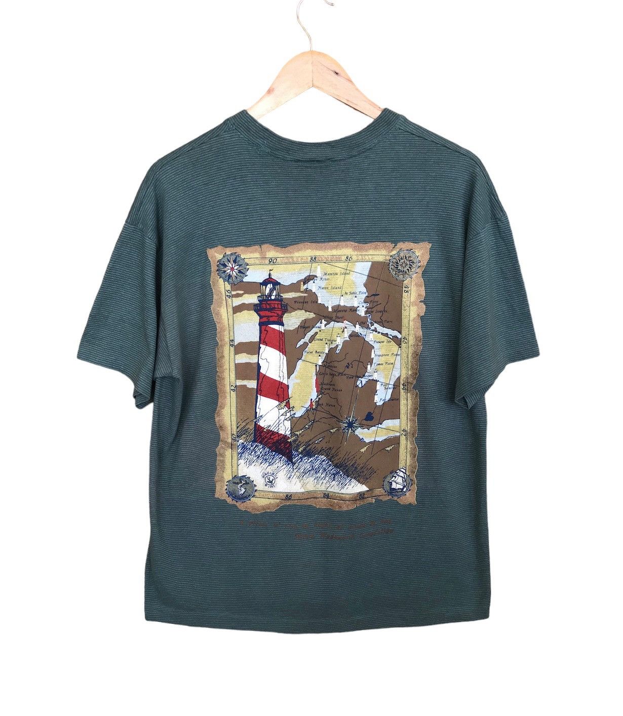Vintage Vintage 90s Lighthouse And Map Pin Striped T-Shirt Size US L / EU 52-54 / 3 - 1 Thumbnail