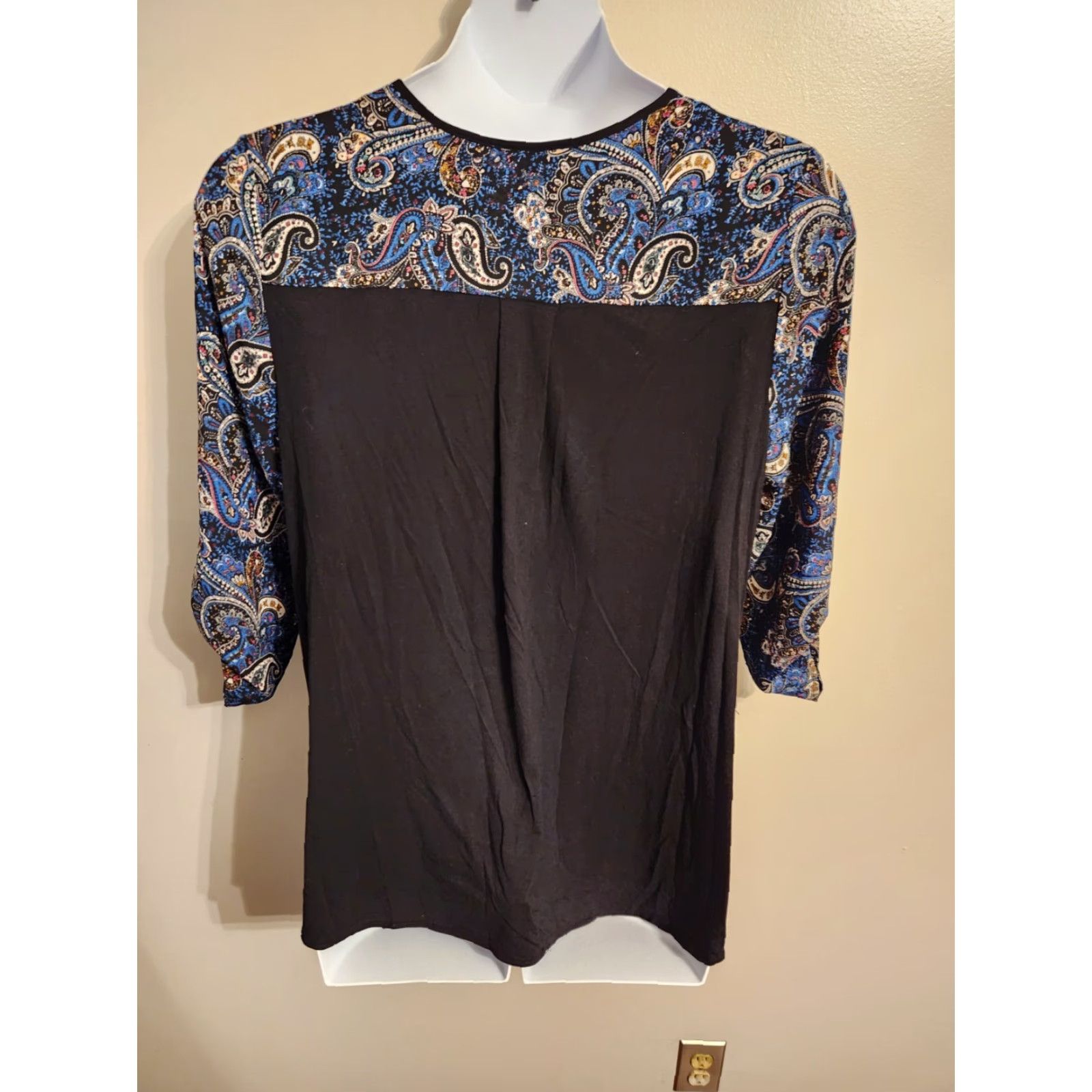 Vintage DR2 Blue Paisley Floral Black In Back Top Boho XL 3/4 Sleeve V-Neck Blouse Womens Shirt Shirt Size XL / US 12-14 / IT 48-50 - 5 Thumbnail