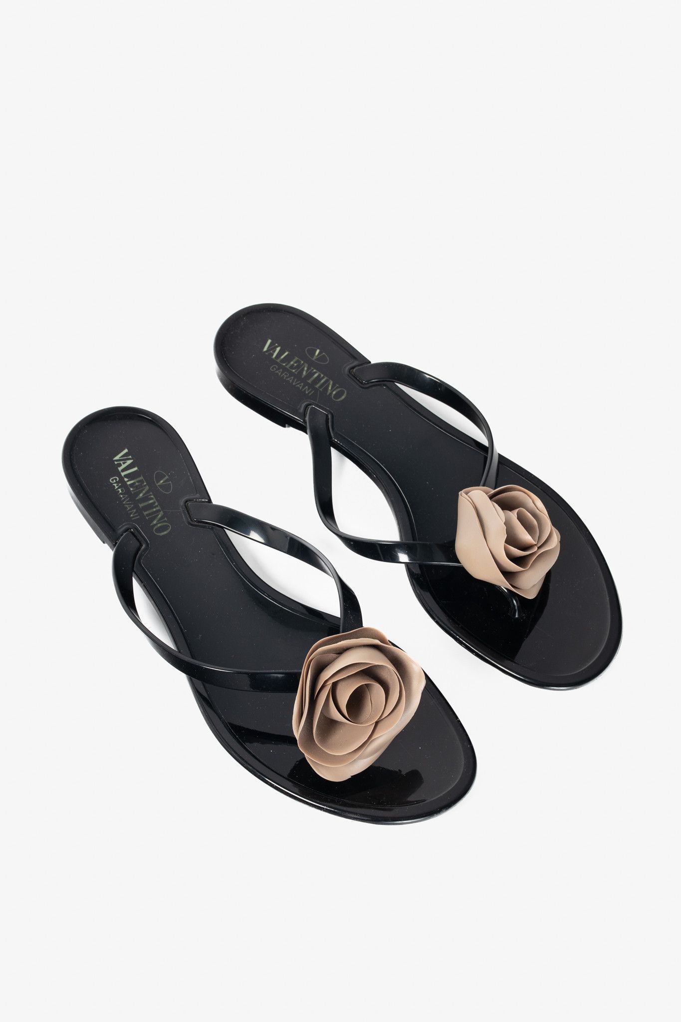 Valentino Garavani Black Rose Jelly Thong Sandals, Women's (Size 8.5)