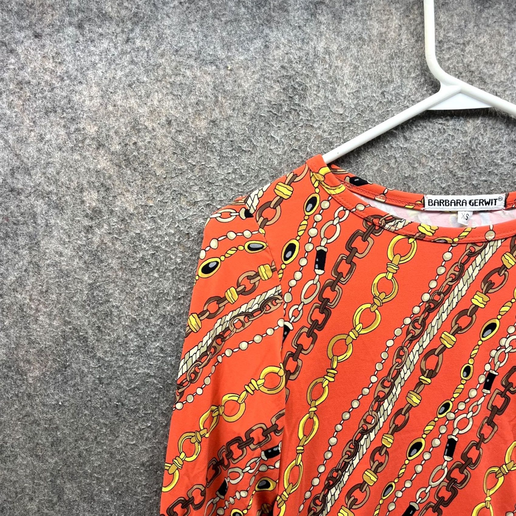 Vintage Barbara Gerwit Blouse Womens XS Orange Chain Print Long Sleeve Stretch Top Size XS / US 0-2 / IT 36-38 - 7 Thumbnail
